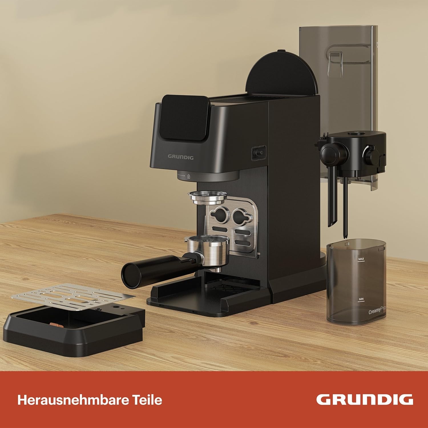 Ekspres do kawy z kolbą GRUNDIG KSM 5330 ze zintegrowanym pojemnikiem na mleko, moc 1628 W, ciśnienie pompy 15 bar, podwójna dysza, kolorowy wyświetlacz dotykowy, BrewSense, CreamyPro, Ciemna stal nierdzewna/Czarny