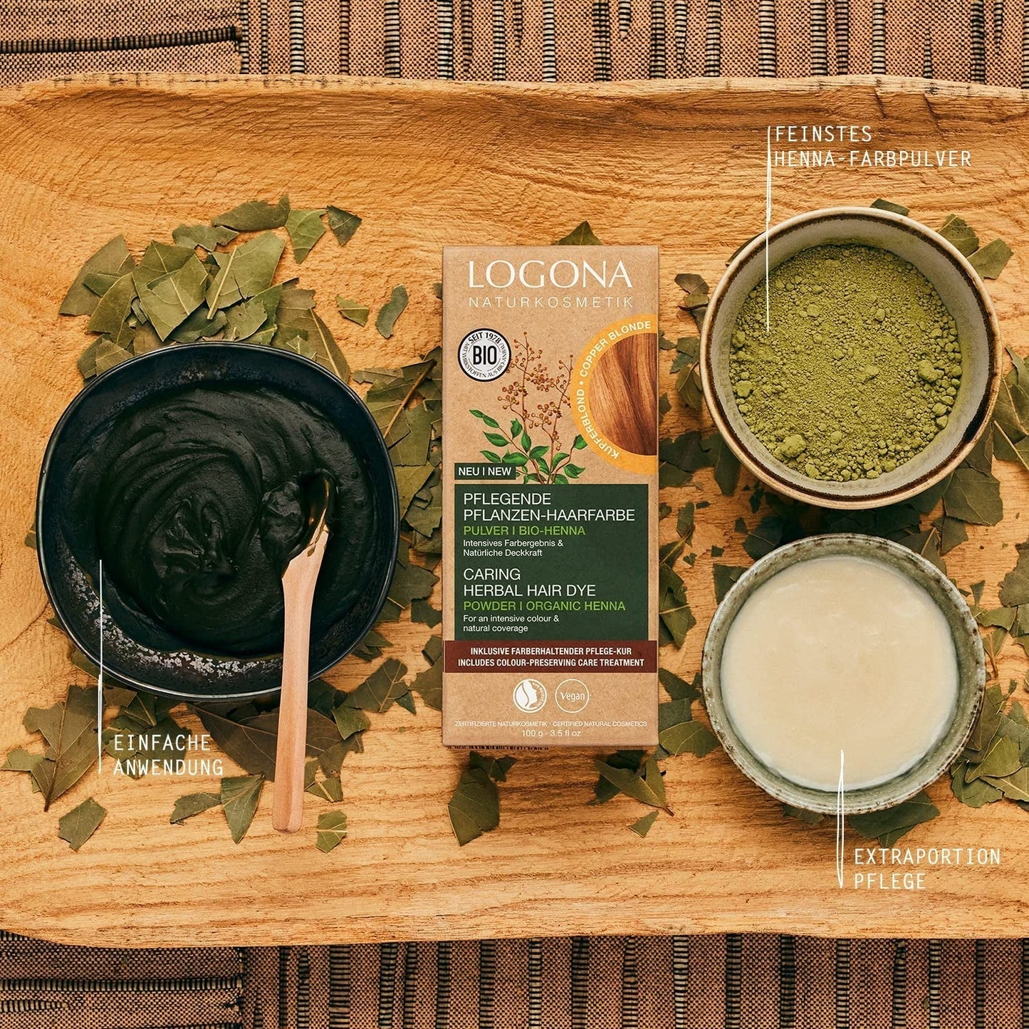 LOGONA Natural Cosmetics Ziołowa odżywcza farba do włosów, organiczna henna w proszku Wegańska farba do włosów dla intensywnego koloru i blasku, ziołowa farba do włosów w kolorze Miedziany Blond (Blond), 1 x 100g Naty Shop Farba do włosów