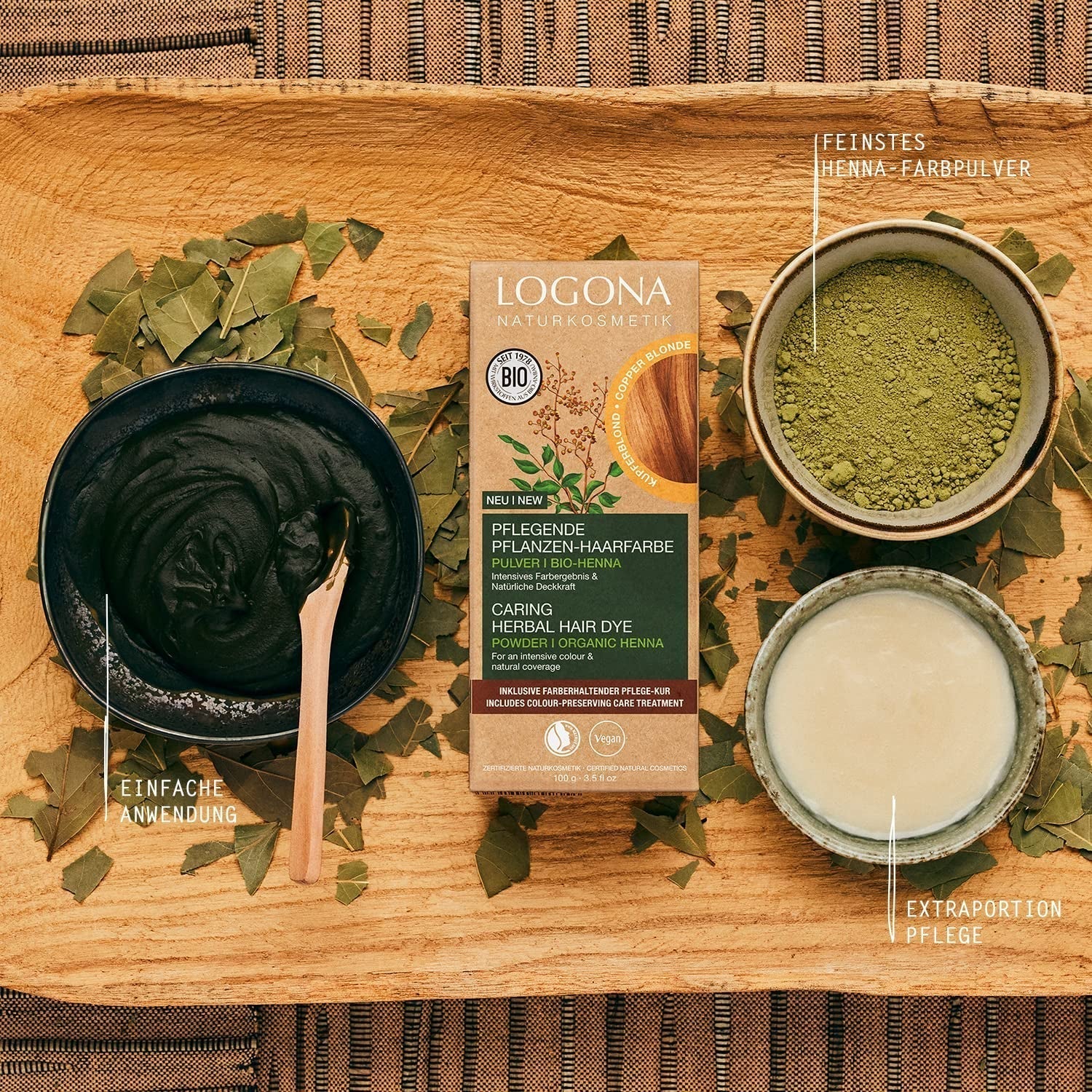 LOGONA Natural Cosmetics Ziołowa odżywcza farba do włosów, organiczna henna w proszku Wegańska farba do włosów dla intensywnego koloru i blasku, ziołowa farba do włosów w kolorze Miedziany Blond (Blond), 1 x 100g Naty Shop Farba do włosów