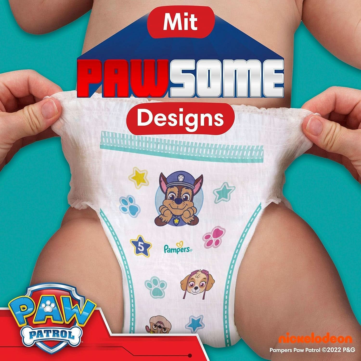 Pieluszki Pampers Paw Patrol Spodnie rozm. 5 (12-17Kg) Baby-Dry, Junior z kieszenią Stop and Protect, BOX MIESIĘCZNY, 160 pieluszek Naty Shop