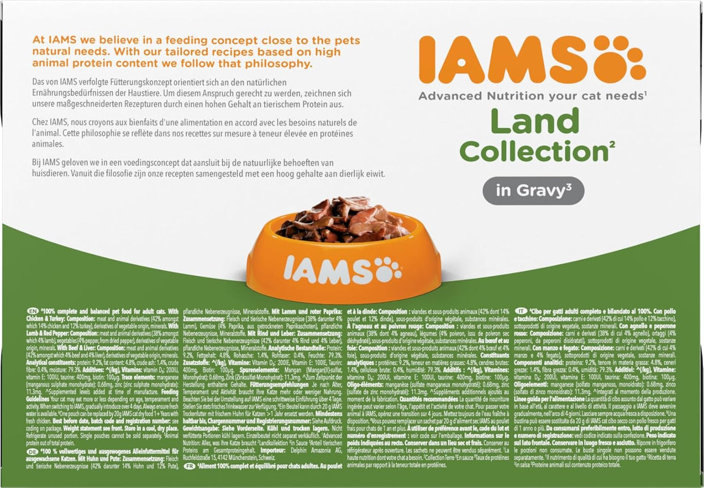 IAMS Delights Land Collection Mokra karma dla kotów - Opakowanie zbiorcze z różnymi rodzajami mięsa (jagnięcina, wołowina, kurczak i indyk) w sosie, mokra karma dla kotów od 1 roku, 12 x 85g