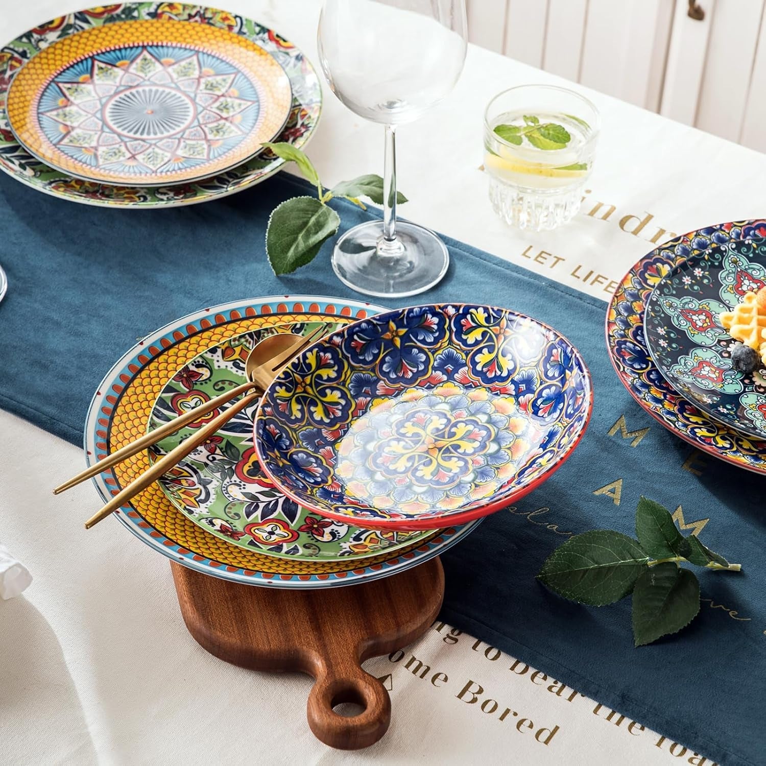 HENXFEN LEAD Porcelanowy zestaw obiadowy, 12-częściowy zestaw obiadowy dla 4 osób, kolorowy zestaw obiadowy dla 4 osób - ręcznie malowane talerze, talerze deserowe, talerze do zupy - styl boho
