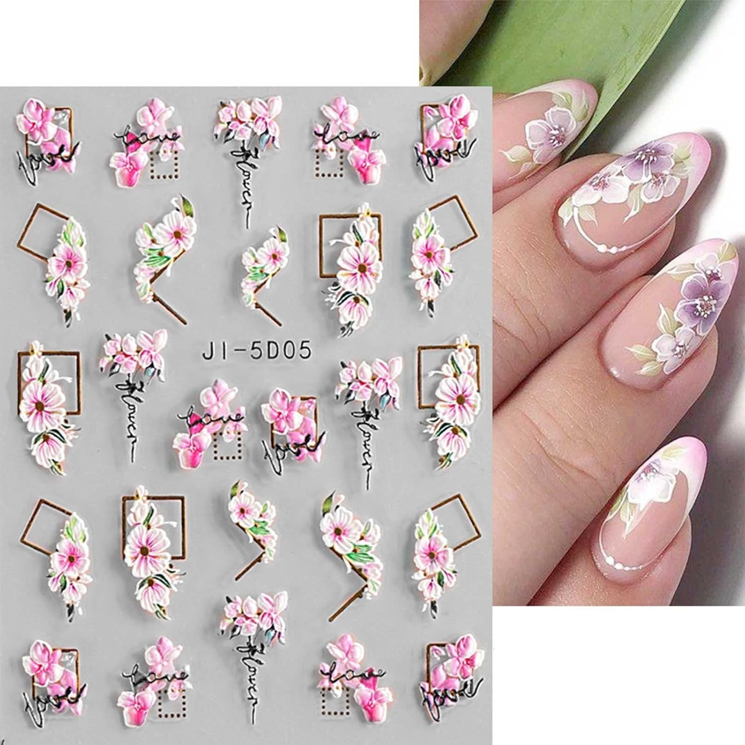 JMEOWIO 3D Nagelsticker Frühling Blume Nail Art Naklejka Selbstklebend Nagelaufkleber 5D Stereoskopisch Blumen Dekoration Nageldesign Zubehör 4 Blatt