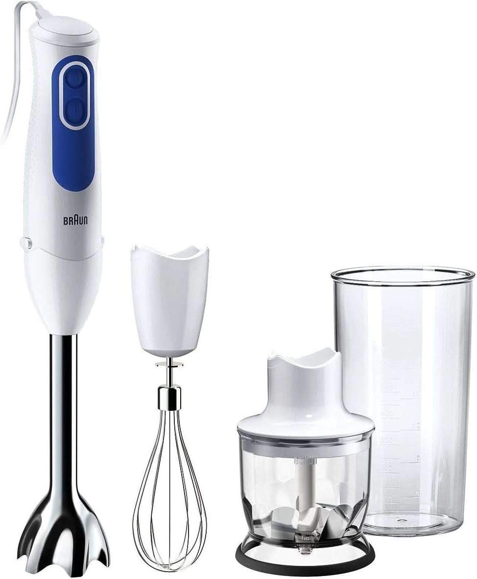 Braun Multiquick 3 MQ 3000 Smoothie+ Stabmixer – Pürierstab Mit 2 Geschwindigkeiten, Powerbell plus Und Splashcontrol-Technologie, 700 Watt, Inkl. 600 ml Mix- & Messbecher, Blau/Weiß Kitchen Naty Shop Mq3025 Omlet