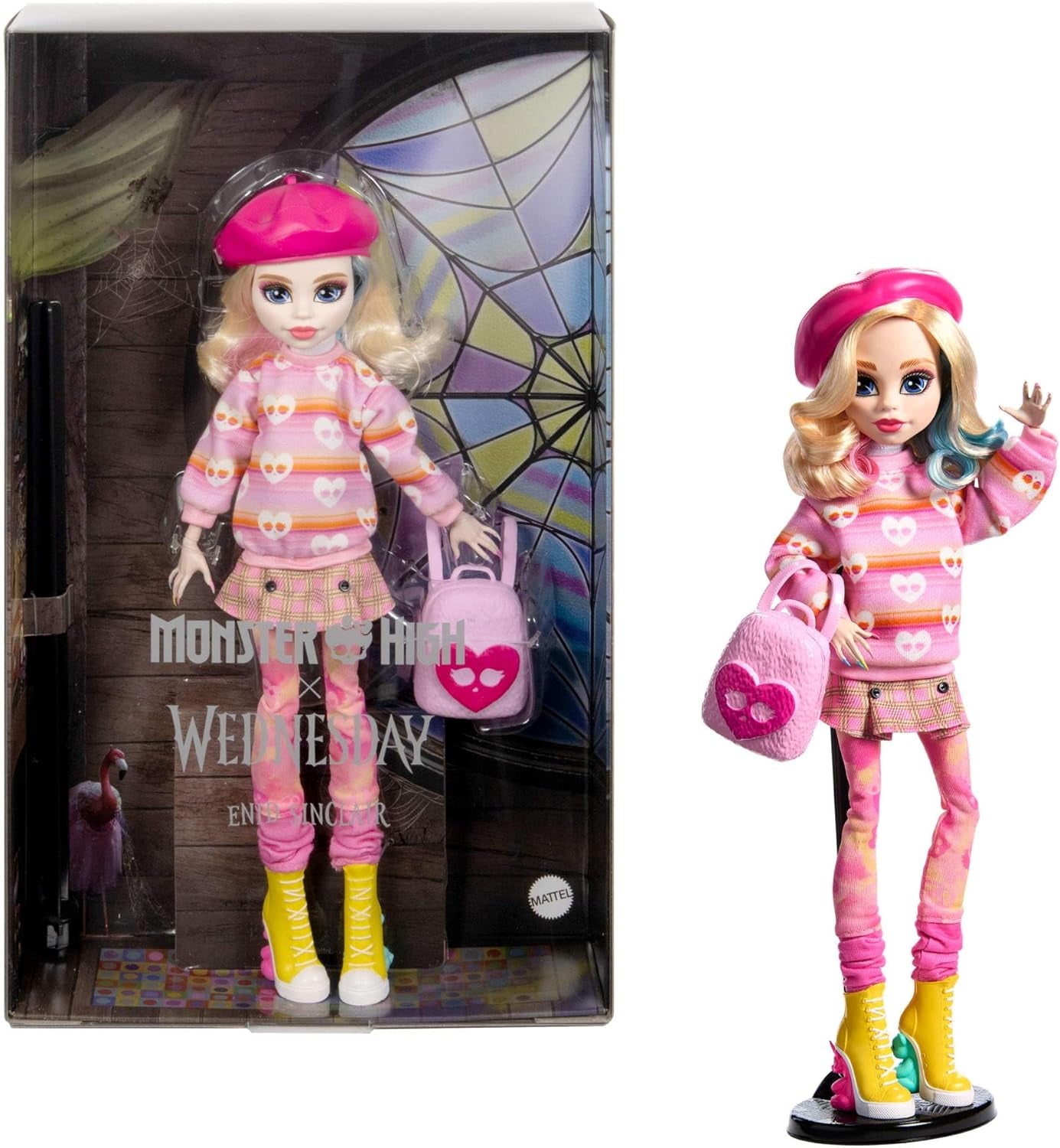 Monster High Wednesday Lalka i akcesoria Enid Sinclair Różowy beret i plecak Figurka kolekcjonerska Stojak na lalki HXJ05 Naty Shop Dolls Domyślny tytuł