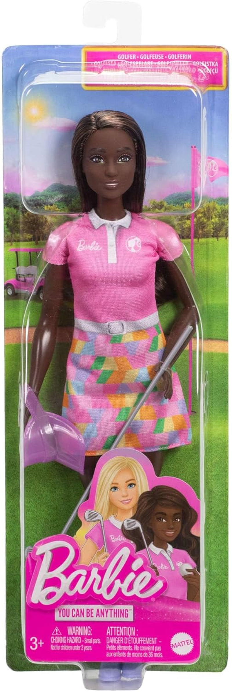Barbie – brunetka – lalka golfistka w odpinanej różowej sukience polo, strój golfowy, czapka i akcesoria do klubu golfowego, JCR69