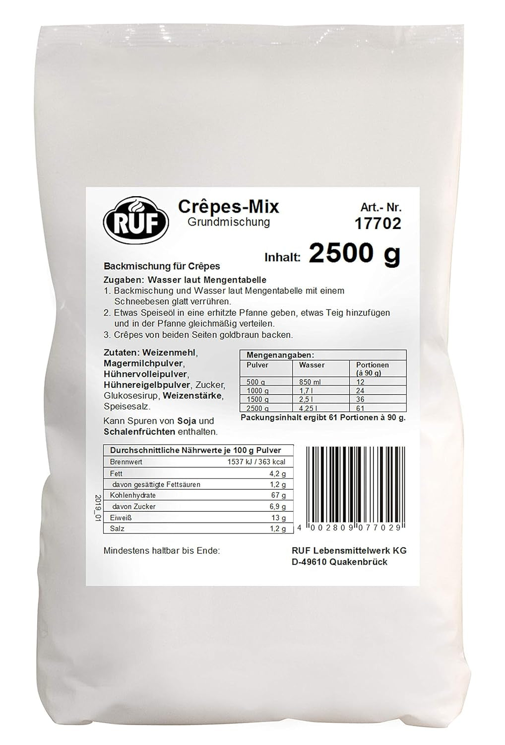 RUF Waffel-Mix, Großpackung, Grundmischung Zur Herstellung Von Waffeln Im Waffeleisen, Für Großküchen, Kantinen, Hotels Und Restauracje, 1 X 2500G Mieszanka do pieczenia i gotowania Naty Shop Crêpesteig Single