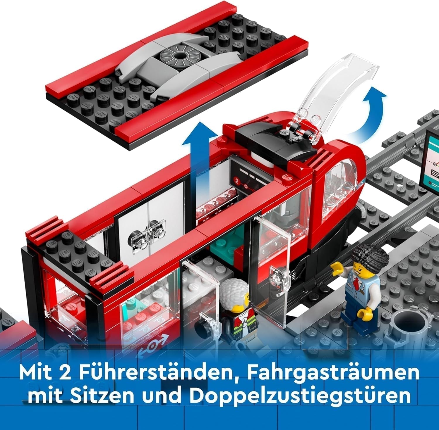 LEGO City tramwaj ze stacją, pomysł na prezent dla fanów zabawek samochodowych od 7 lat, z 6 minifigurkami i psem przewodnikiem do odgrywania ról, zabawka do budowania 60423 Zestawy do budowania Besuche den LEGO-Store