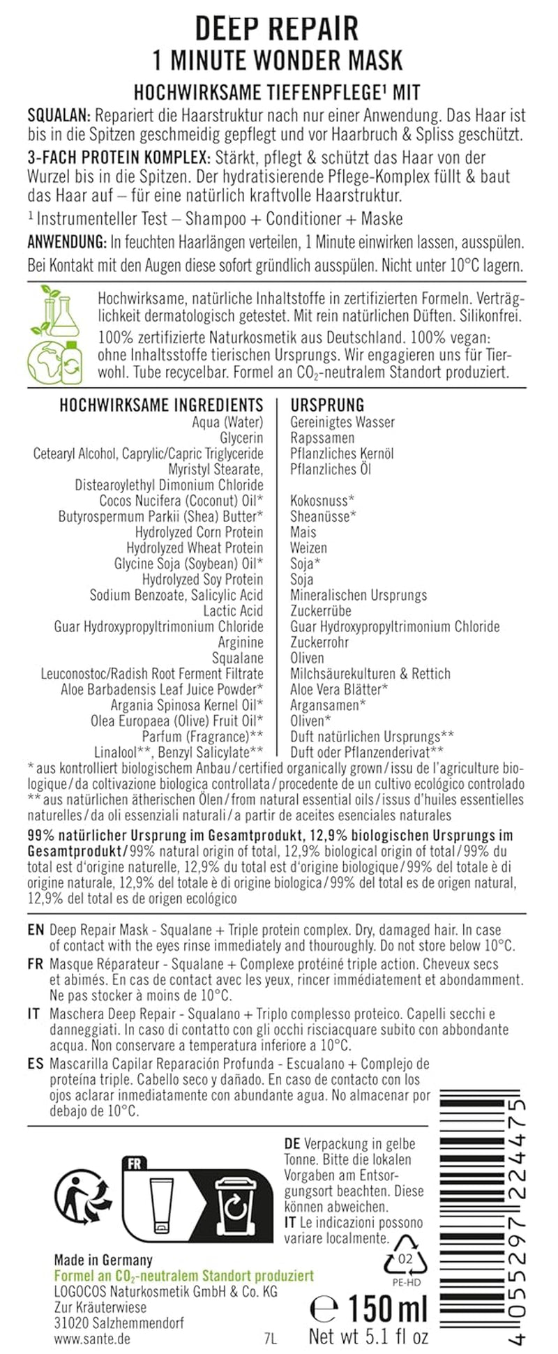 SANTE Natural Cosmetics Deep Repair Mask Skwalan + 3x kompleks białek, wegańska maska do włosów intensywnie nawilżająca i elastyczna, naprawia i regeneruje zniszczone włosy, 150 ml Naty Shop Hair Mask
