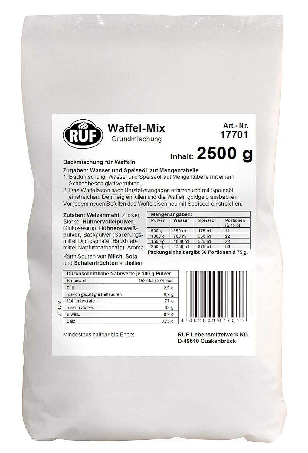 RUF Waffel-Mix, Großpackung, Grundmischung Zur Herstellung Von Waffeln Im Waffeleisen, Für Großküchen, Kantinen, Hotels Und Restaurants, 1 X 2500G Mieszanka do pieczenia i gotowania Naty Shop Wafelteig Single