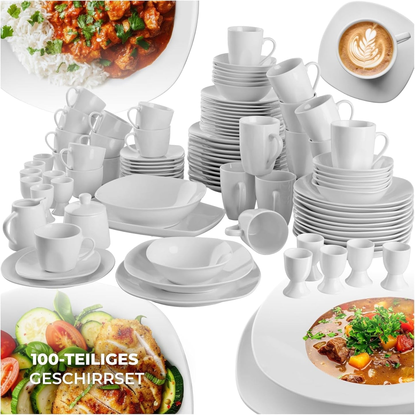 tectake® Zestaw naczyń obiadowych na 12 osób, 100-częściowy zestaw naczyń porcelanowych, w tym 12 talerzy, 12 talerzy deserowych, 12 talerzy obiadowych, 12 filiżanek, 12 misek na płatki zbożowe, salaterka, dzbanek na mleko, cukiernica