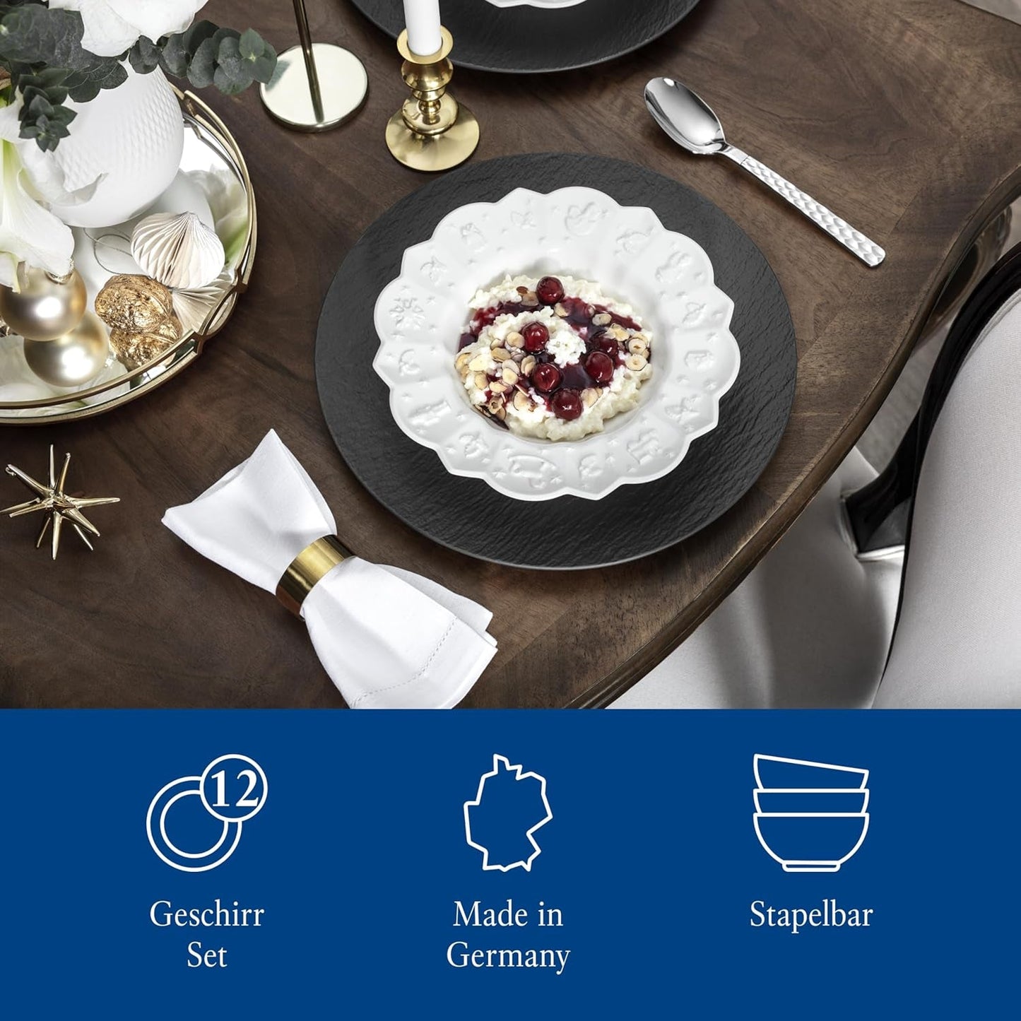 Villeroy & Boch Toy's Delight Royal Classic 12-częściowy zestaw naczyń obiadowych, można myć w zmywarce i używać w kuchence mikrofalowej, biały, talerze, zestaw naczyń obiadowych dla 4 osób, zastawa bożonarodzeniowa, zabawki, porcelana premium