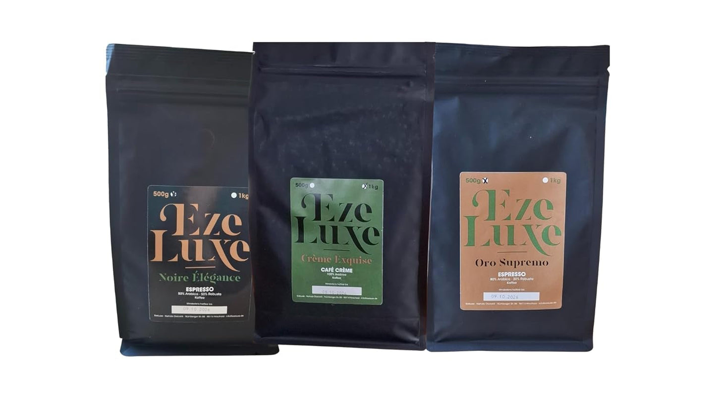 Kawa Espresso Noire Elegance 500g – 50% Arabica i 50% Robusta z Brazylii i Indii – średnio palona, ​​mocna i kremowa z ciemną czekoladą – intensywność 8 – w zestawie. gratis ekspres do kawy