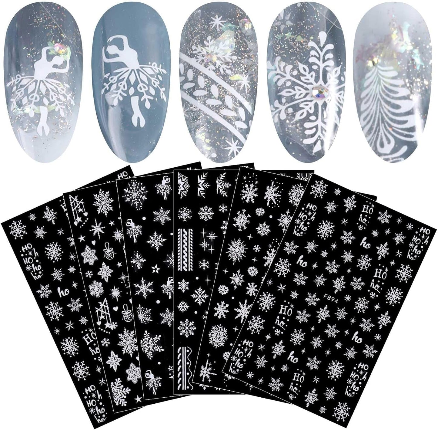 JMEOWIO Nagelsticker Weihnachten Weiß Glitter 8 Blatt Nail Art Naklejka Selbstklebend Nagelaufkleber Schneeflocke Zimowe wakacje Dekoracja Nageldesign Zubehör