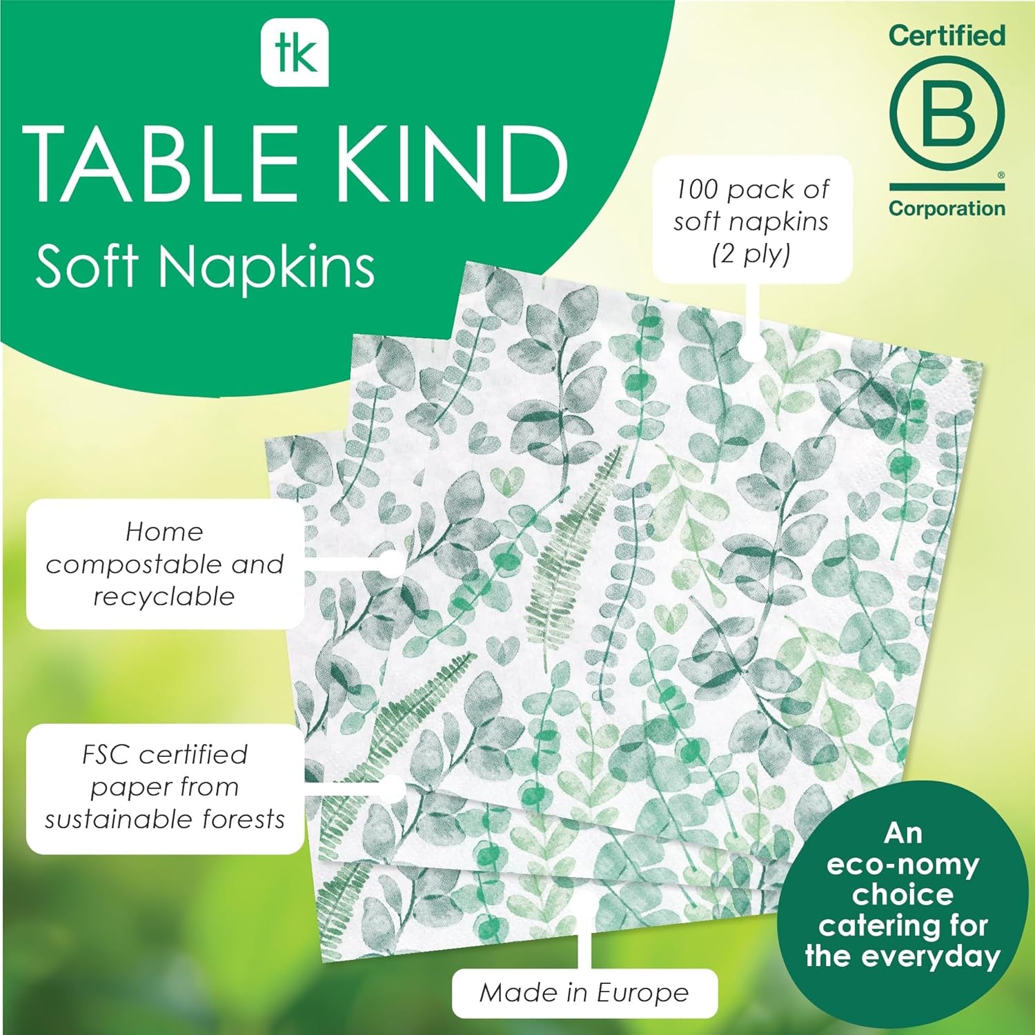 Talking Tables Rodzaj stołu Jednorazowe serwetki Miękkie serwetki papierowe Zielone liście Do użytku weselnego lub codziennego Przyjazny dla środowiska Kompostowalny Możliwość recyklingu Wyprodukowano w UE 2