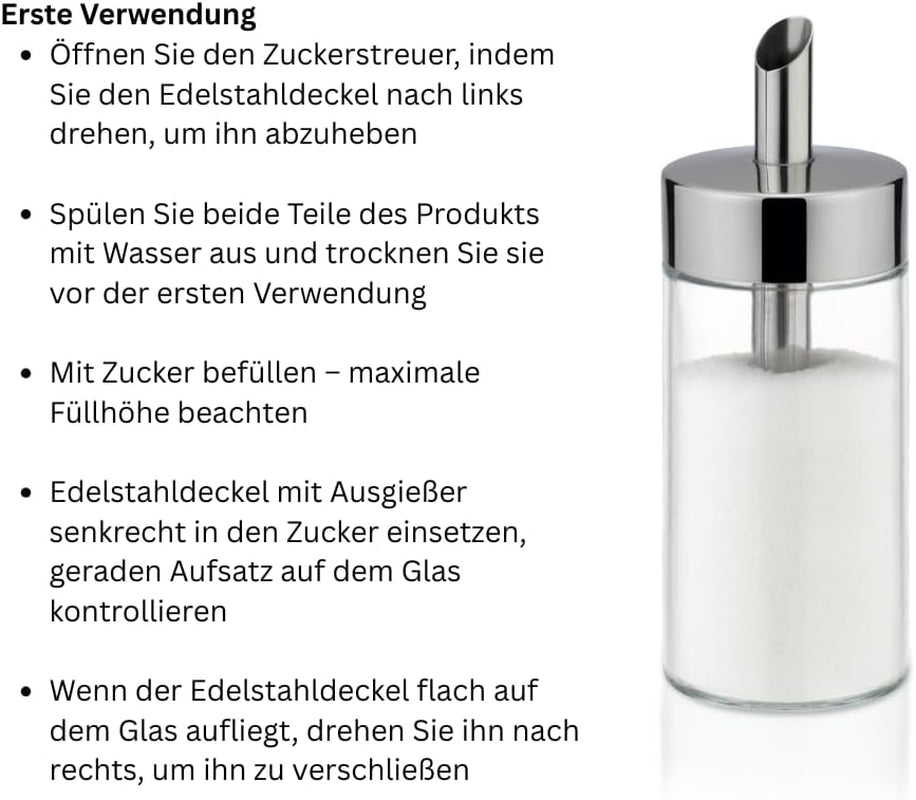 Szklany shaker Tescoma ze szczotkowanej stali nierdzewnej, idealny do białego/brązowego cukru, 225 ml