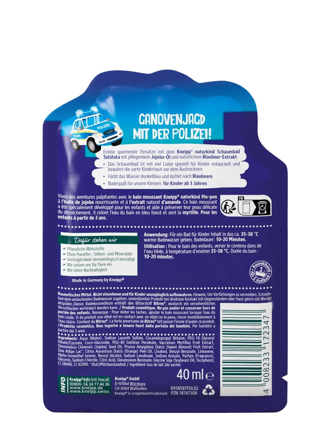Kneipp Naturkind, dodatek do kąpieli z odżywczym olejkiem jojoba i naturalnym ekstraktem z jagód, owocowy aromat jagodowy, niebieska woda, 40 ml Prysznic i kąpiel Naty Shop