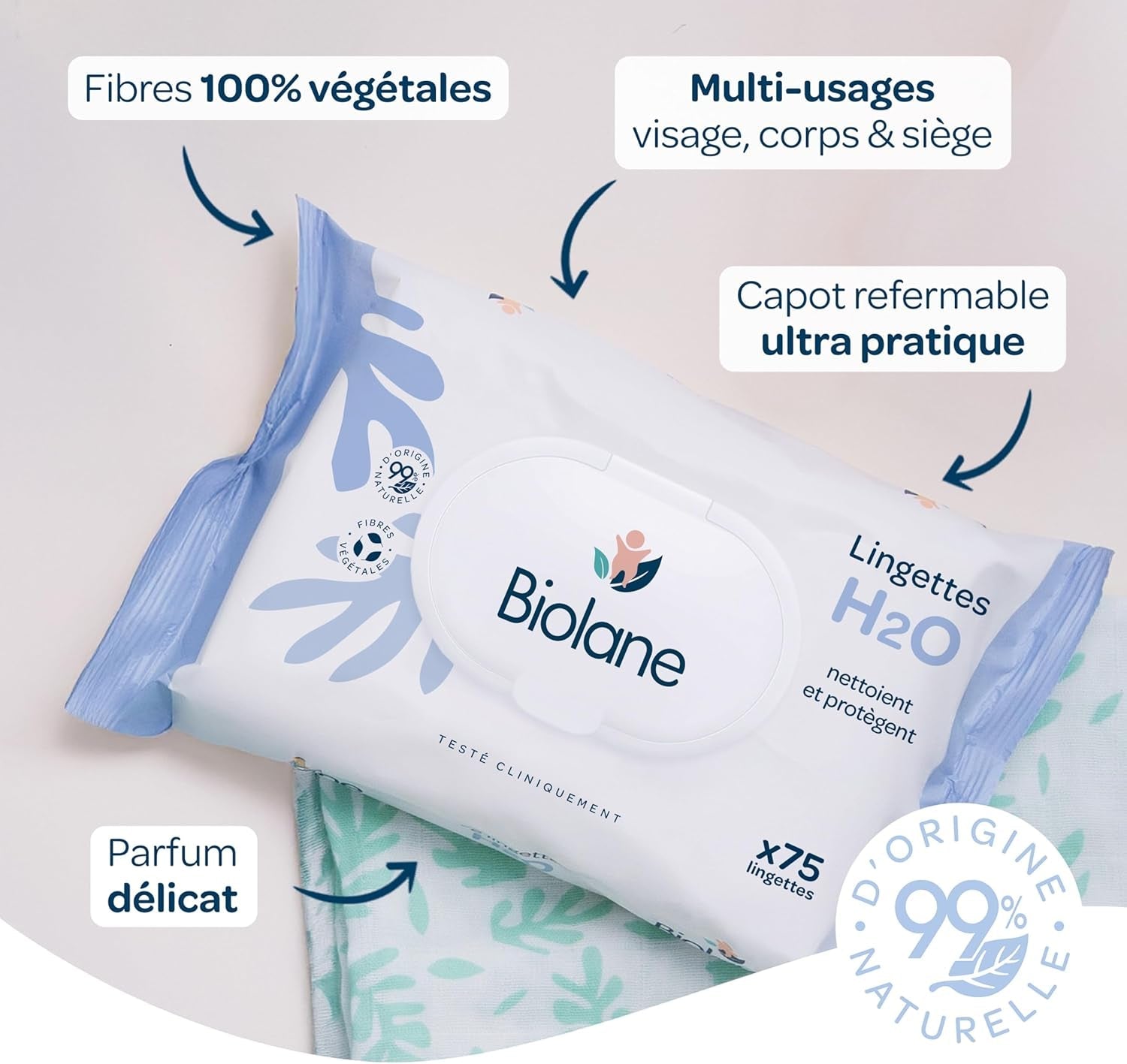 BIOLANE - Chusteczki nawilżane dla niemowląt z wodą - 225 chusteczek - 3 x 75 sztuk - Delikatne i skuteczne czyszczenie - Od urodzenia - Francuska jakość