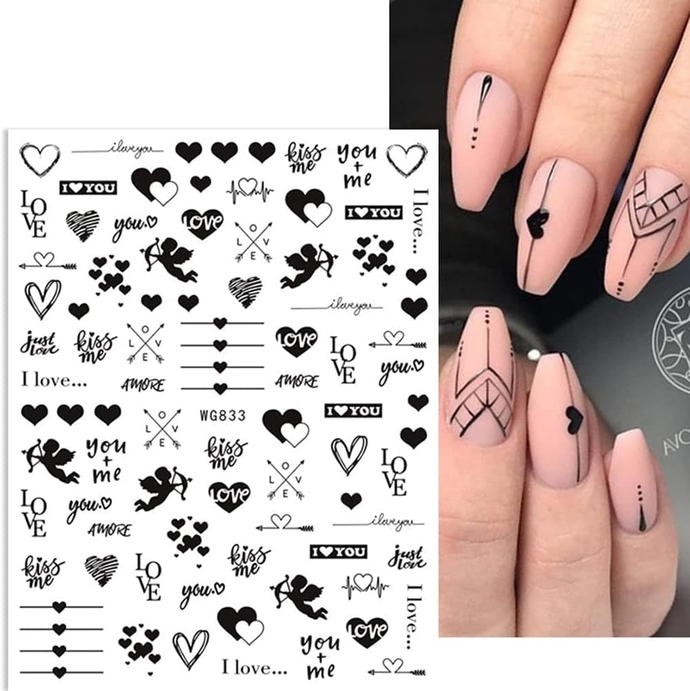 8 Blatt Nagelsticker Valentinstag Nagelaufkleber Selbstklebend Liebhaber Des Schwarzen Herzens Nail Art Naklejka Dekoration Nageldesign Zubehör