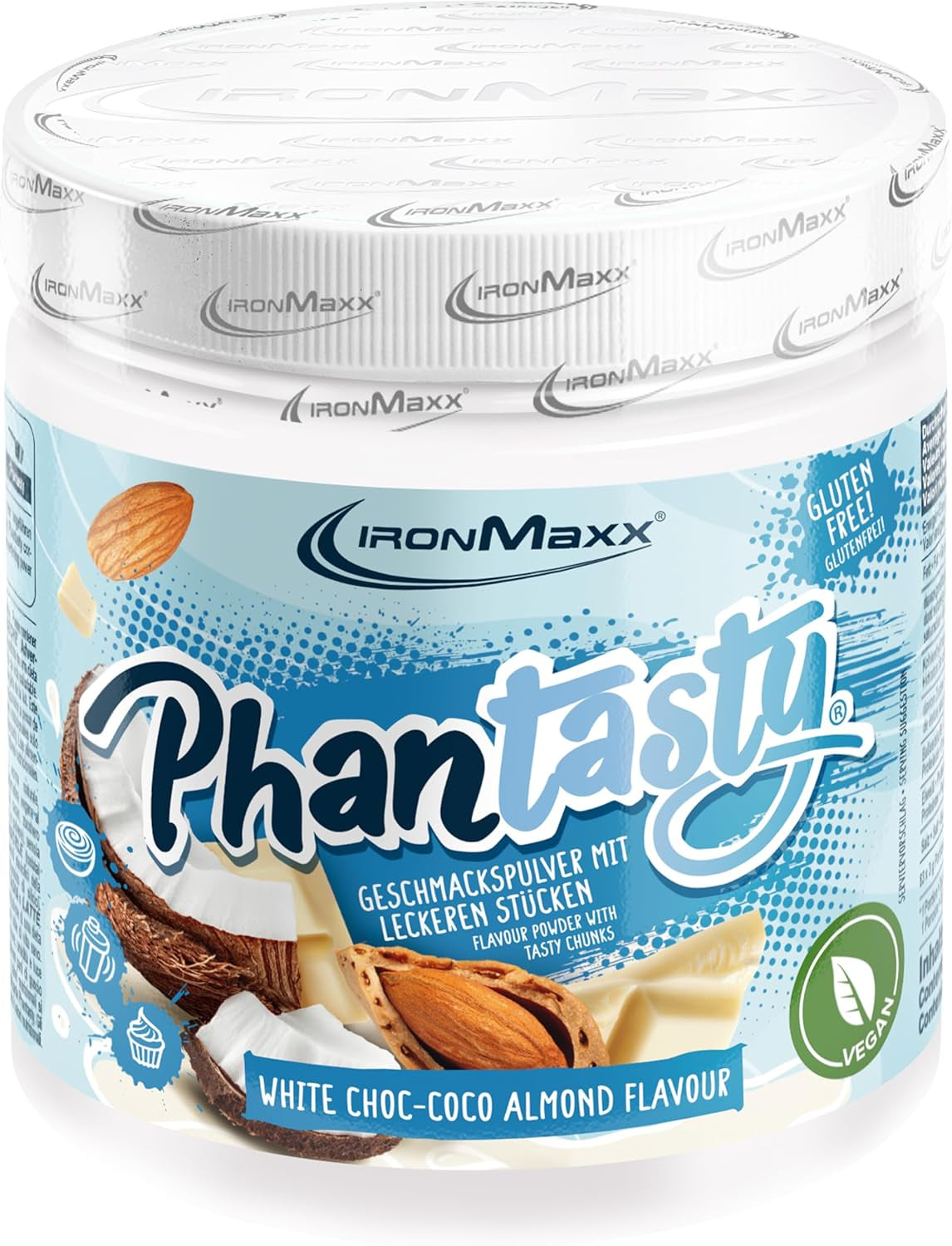 Ironmaxx Phantasty - Kremowa Brzoskwinia Dawka 250G | Wegańskie Geschmackspulver Mit Echten Frucht- Oder Nussstückchen | Perfekter Zuckerersatz Słodziki Naty Shop 250 g (opakowanie 1Er) Biała Czekolada – Coco Migdał
