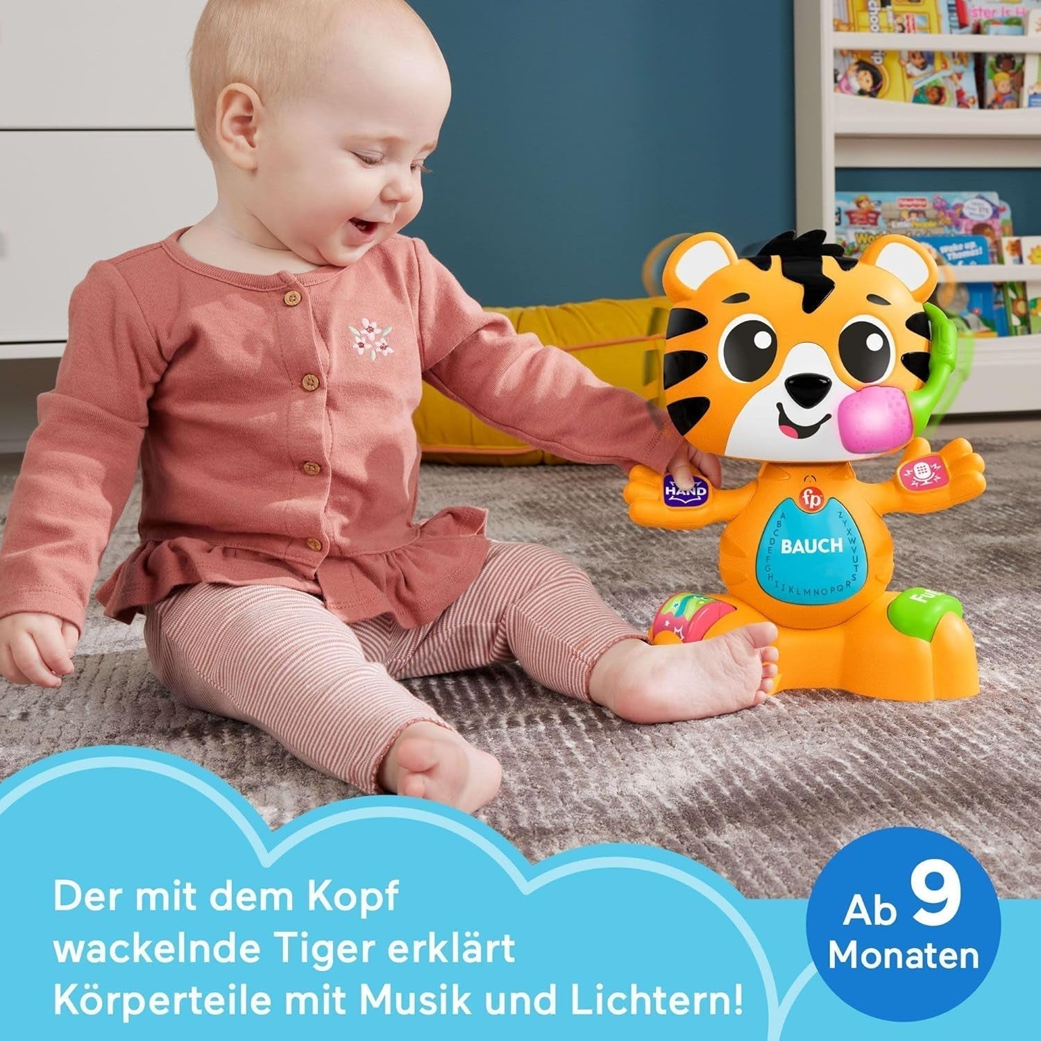Fisher-Price Zabawka edukacyjna dla niemowląt i małych dzieci Beat Bande Lern & Tanz Tiger Justin z dźwiękami i światłami dla dzieci w wieku od 9 miesięcy, wydanie niemieckie, HYL31 Baby Toys Naty Shop