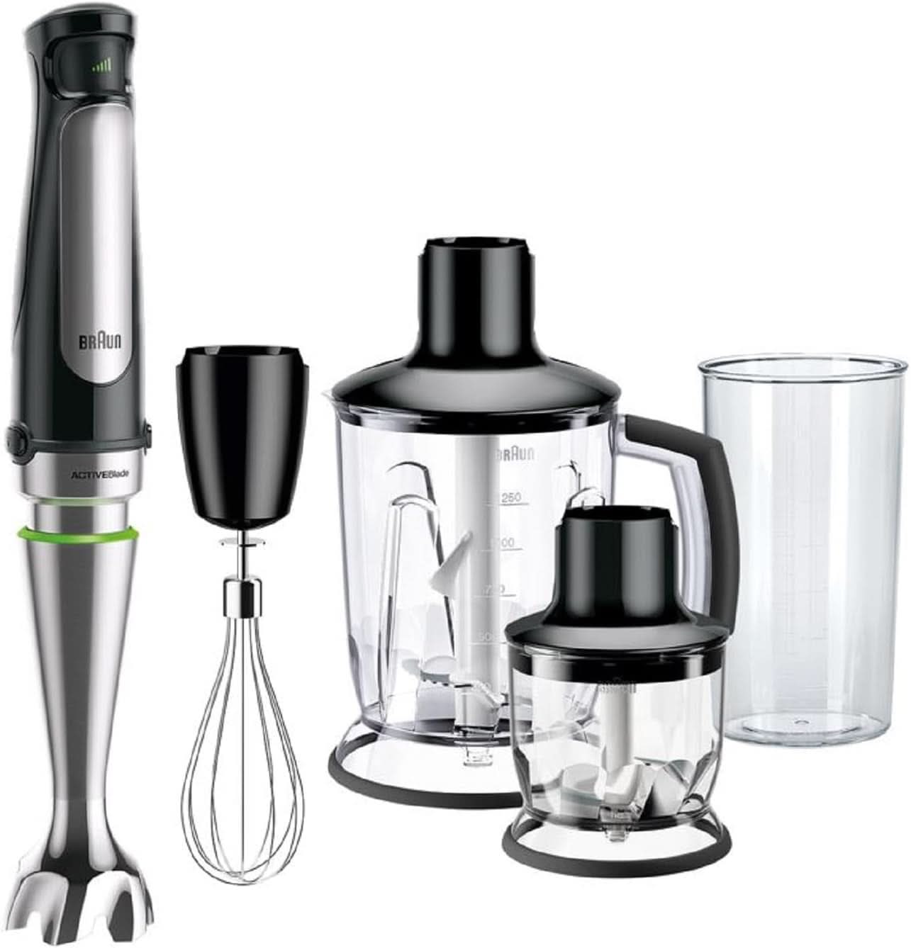 Braun Multiquick 7 MQ 7035X Stabmixer - Pürierstab Mit Abnehmbarem Edelstahl Mixfuß Mit Activeblade Technologie Zum Pürieren Der Härtesten Ingredient, Inkl. Zestaw 3-Teiliges Zubehör, 1000 Watt, Schwarz Kitchen Naty Shop Schwarz Standmixer-Aufsatz