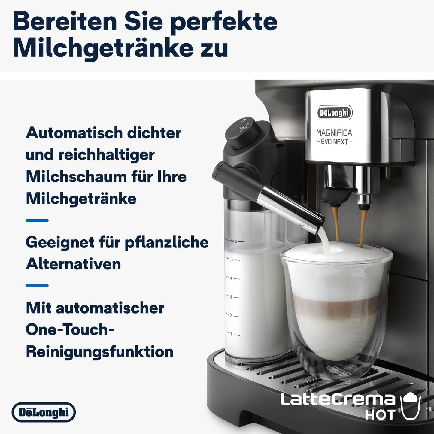 De'Longhi Magnifica Evo Next - W pełni automatyczny ekspres Perfetto ze spieniaczem do mleka LatteCrema, 13 napojów za jednym dotknięciem, ekspres do kawy i cappuccino, kolorowy ekran dotykowy, tytan (ECAM312.80.TB)