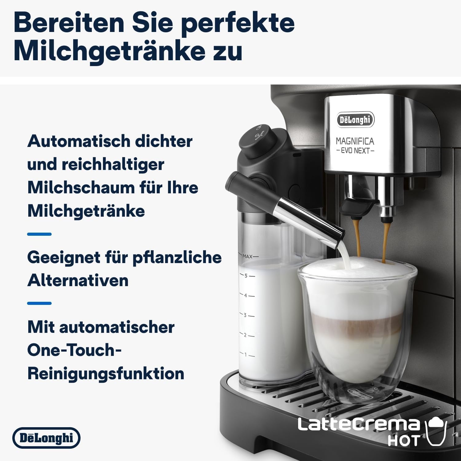 De'Longhi Magnifica Evo Next - W pełni automatyczny ekspres Perfetto ze spieniaczem do mleka LatteCrema, 13 napojów za jednym dotknięciem, ekspres do kawy i cappuccino, kolorowy ekran dotykowy, tytan (ECAM312.80.TB)