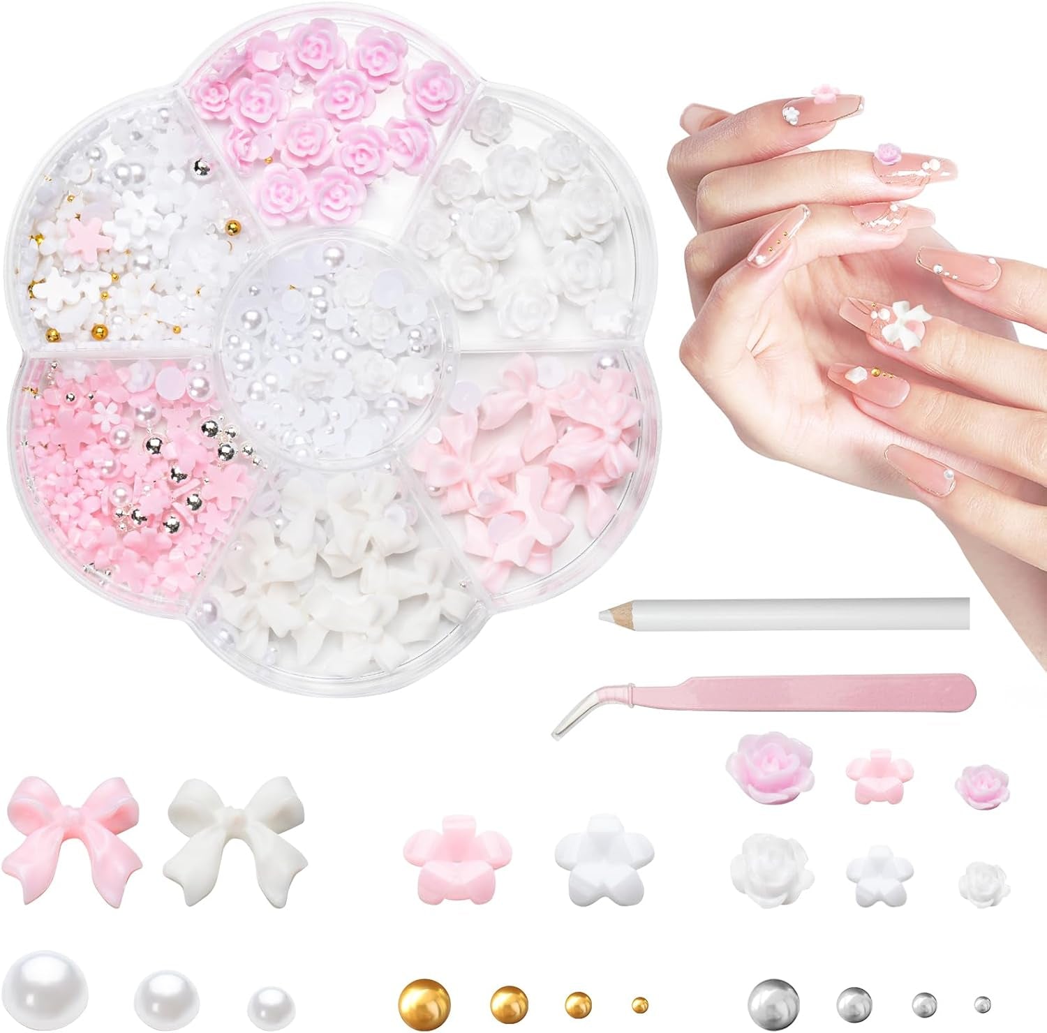 Charms do paznokci 3D, Charms do zdobienia paznokci Schleifen, Blumen i Perlen, Nagel Charms Aus Harz, Zestawy Nageldekorations, DIY Charms Nägel, Nagelanhänger