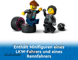 LEGO City Transporter samochodów z samochodem wyścigowym, zabawkową ciężarówką z regulowaną rampą załadunkową i samochodem wyścigowym, zestaw do budowania zawierający 2 minifigurki, kierowcę wyścigowego i kierowcę ciężarówki, dla dzieci od 6 lat 60406 Zestawy do budowania Besuche den LEGO-Store
