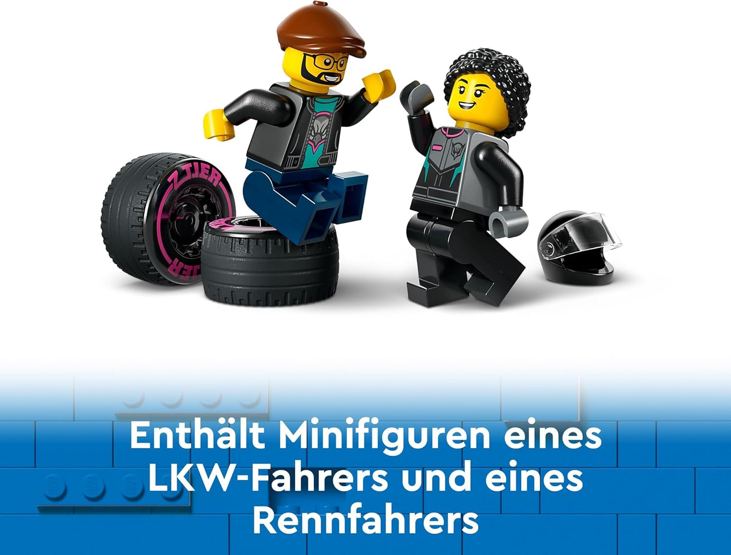 LEGO City Transporter samochodów z samochodem wyścigowym, zabawkową ciężarówką z regulowaną rampą załadunkową i samochodem wyścigowym, zestaw do budowania zawierający 2 minifigurki, kierowcę wyścigowego i kierowcę ciężarówki, dla dzieci od 6 lat 60406 Zestawy do budowania Besuche den LEGO-Store
