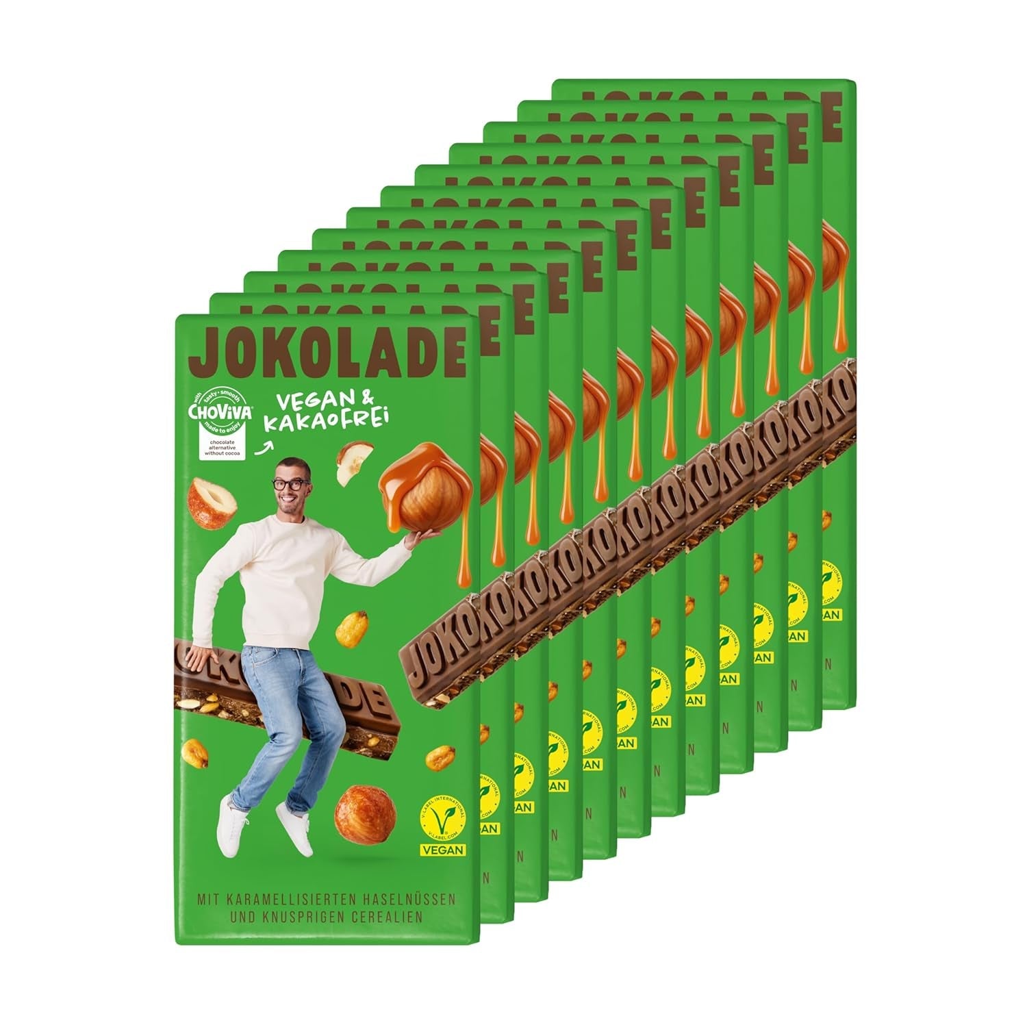 JOKOLADE 12 batonów x 140g Opakowanie ekonomiczne | Z karmelizowanymi orzeszkami ziemnymi i chrupiącymi płatkami zbożowymi | Wegańskie i bez kakao