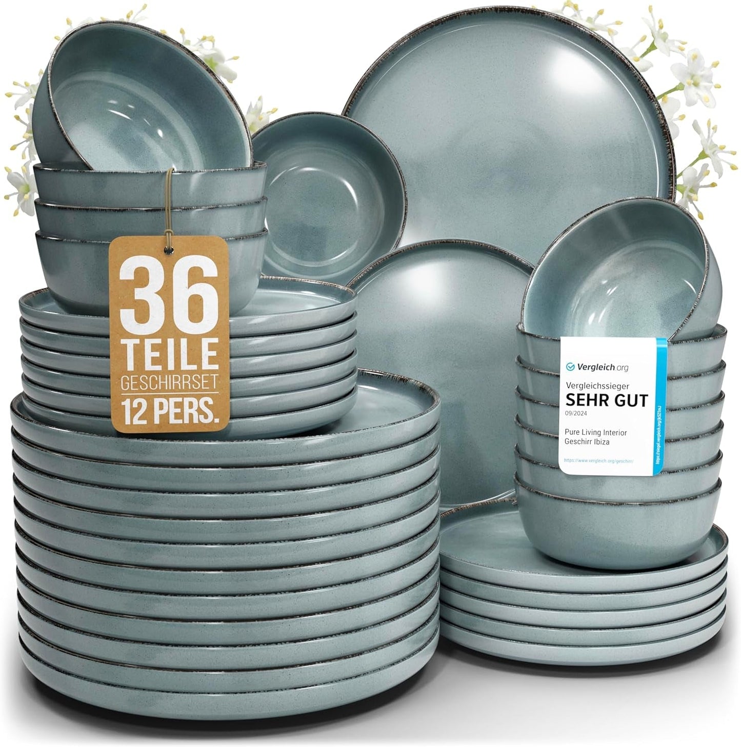 Steingut Geschirrset 12 Personen Rustic 36 tlg. TESTSIEGER, Hochwertiges Landhaussttil Steingut Geschirr Set, Schüssel- und Teller Set, Tafelservice 12 Personen, Geschirrsets Pure Living w Rauchblau