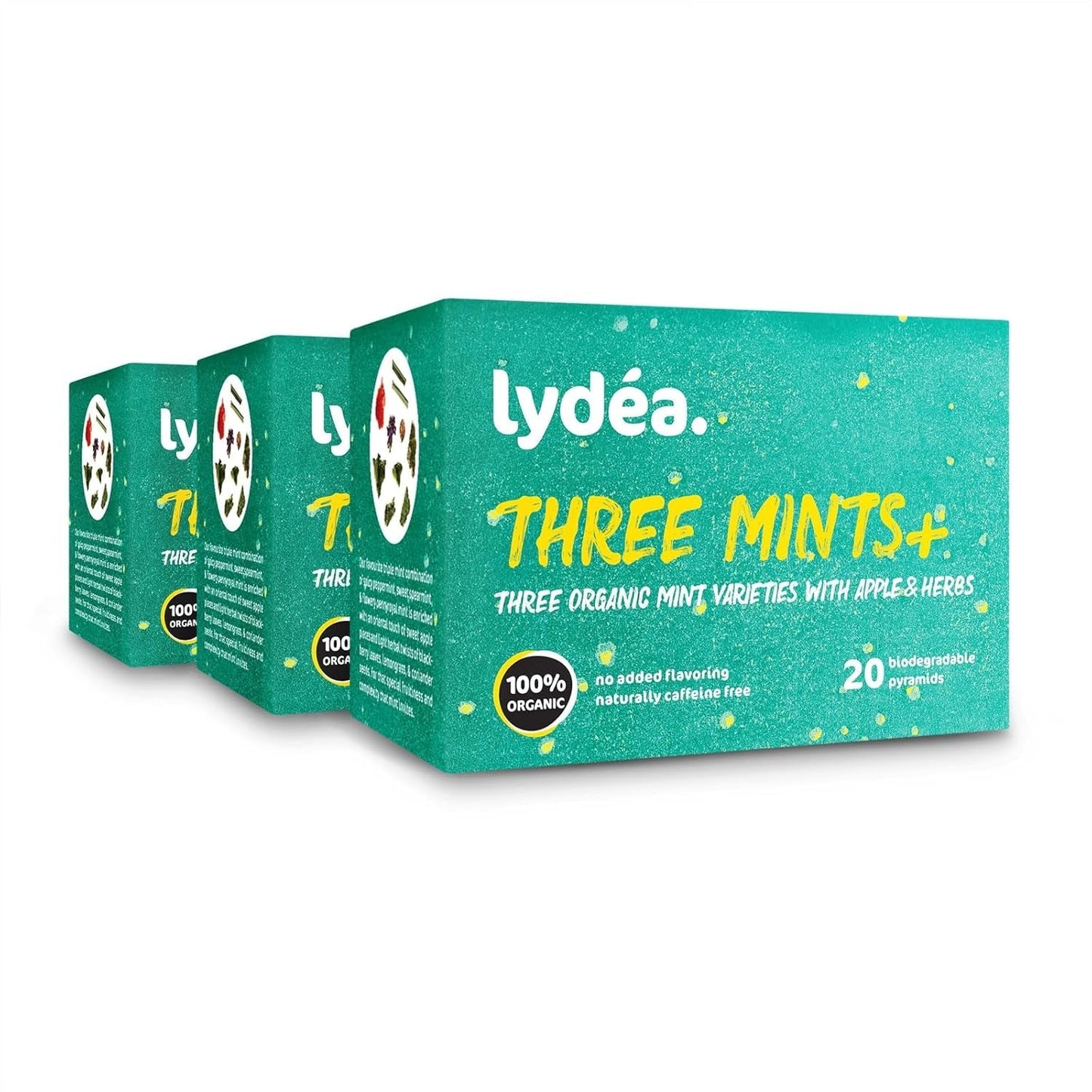 Lydea Three Mints+ Organiczna herbata ziołowa z trzema asortymentami mięty, jabłka i ziół, 60 piramidek, 3 opakowania [3 x 20 piramidek]