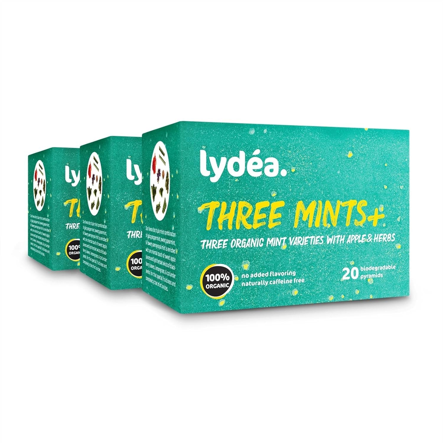 Lydea Three Mints+ Organiczna herbata ziołowa z trzema asortymentami mięty, jabłka i ziół, 60 piramidek, 3 opakowania [3 x 20 piramidek]