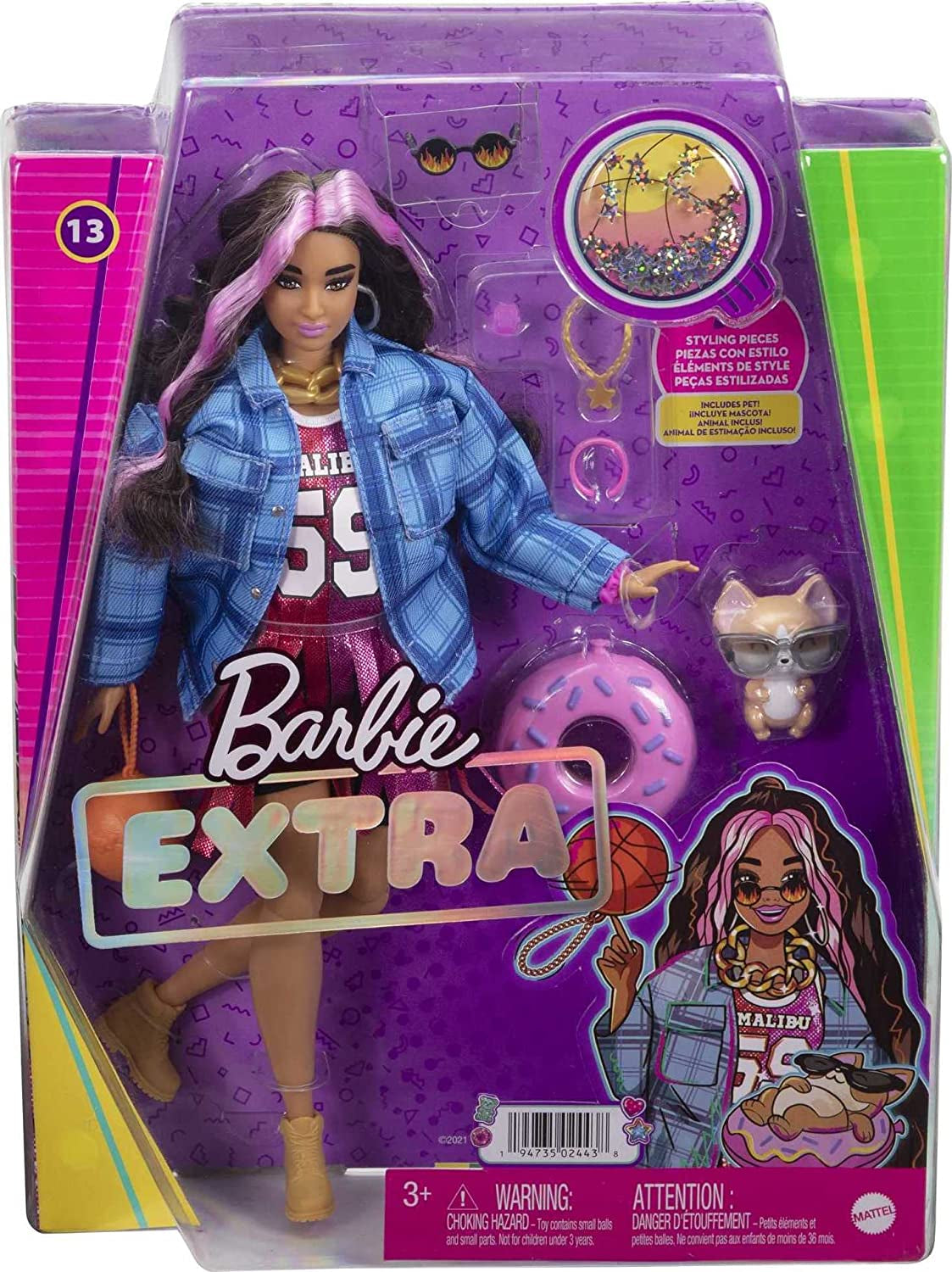 Barbie HDJ46 – dodatkowa lalka w sukience z koszulką do koszykówki i akcesoriami, ze zwierzakiem Corgi, bardzo długimi kręconymi włosami z różowymi smugami i elastycznymi stawami, zabawka prezentowa dla dzieci 3+ Naty Shop Dolls
