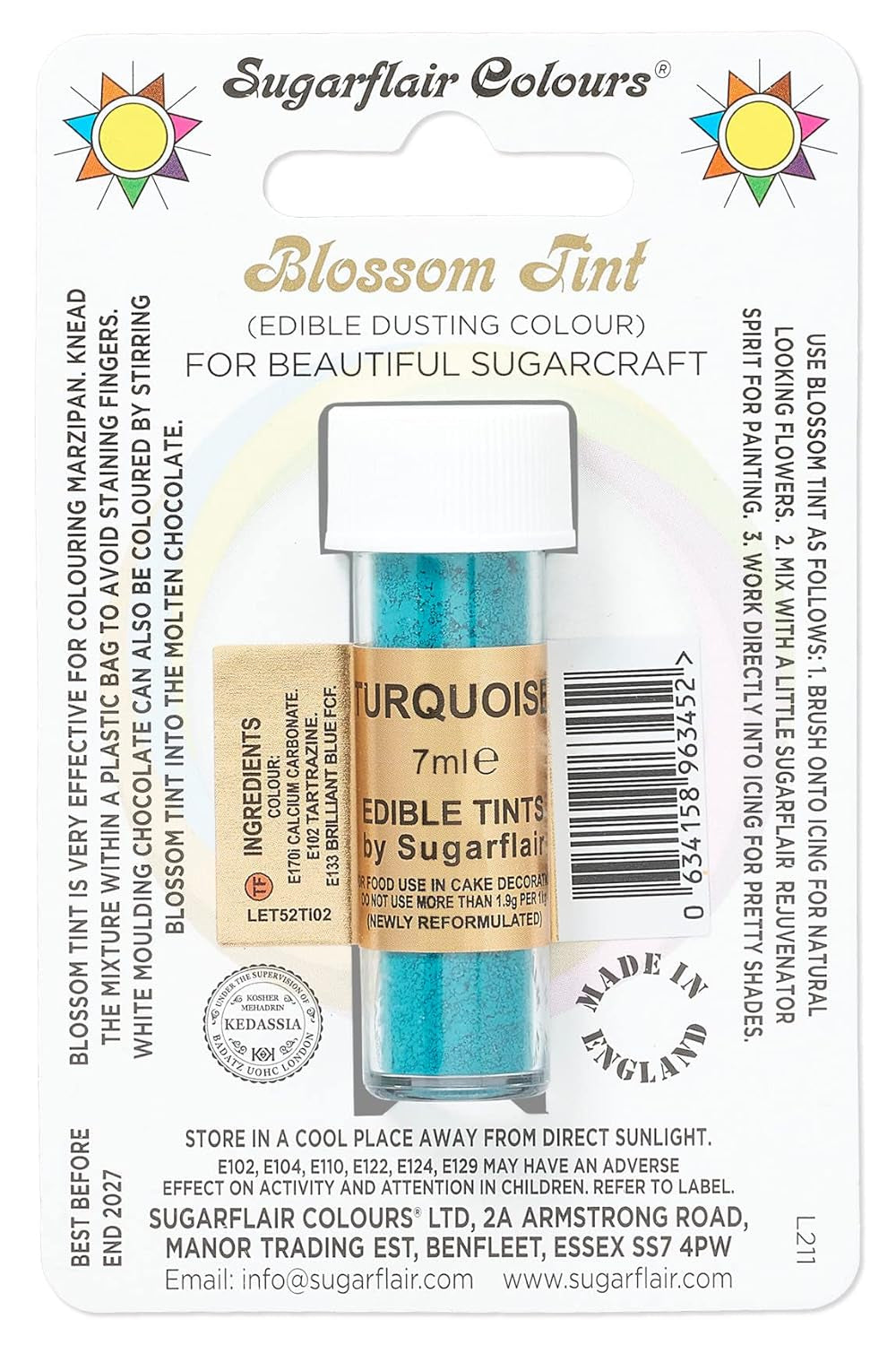 Barwnik spożywczy w proszku Sugarflair Blossom Tint Dusting Turquoise - Barwnik spożywczy w proszku do dekorowania kolorowej pasty cukrowej, fondantu, lukru, czekolady, kremu maślanego, makaroników - 7ml