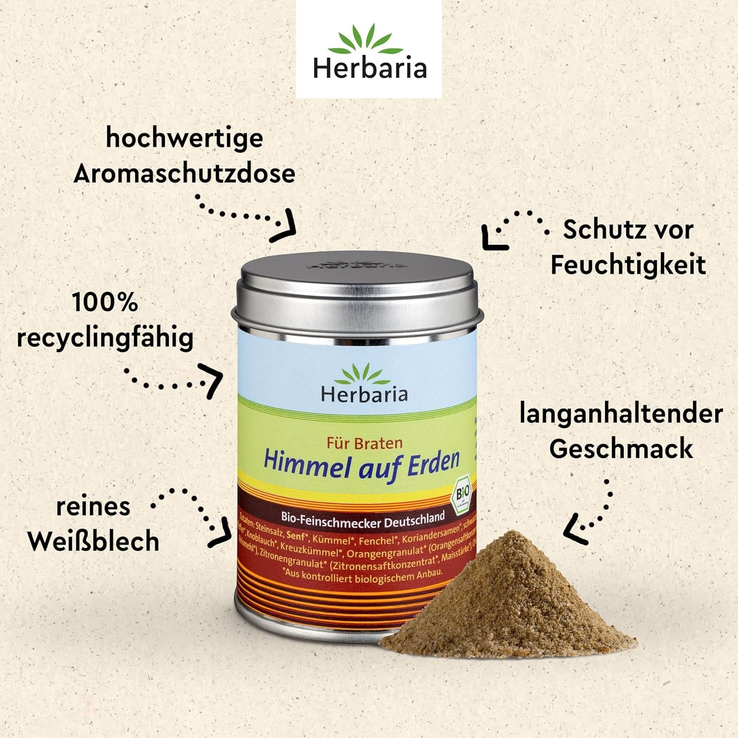 Herbaria Himmel auf Erden bio 100g M-Dose – fertiges Bio-Gewürzsalz für Rind-, Kalb- und Schweinefleisch als Braten oder Kurzgebratenes – w nachhaltiger Aromaschutz-Dose