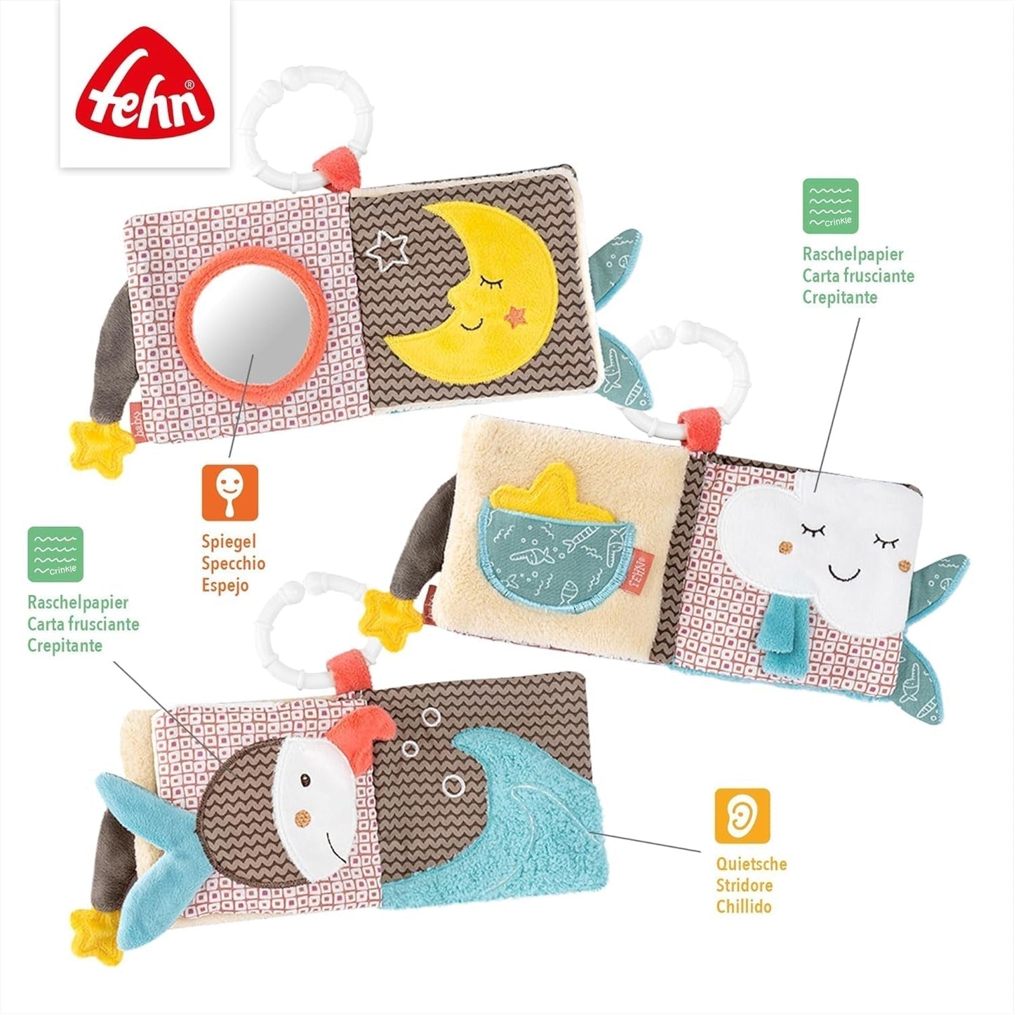 Fehn Soft książka obrazkowa Bruno - miękka książeczka dla niemowląt wykonana z tkaniny z motywami zwierzęcymi - książeczka z zabawkami wykonana z tkaniny do zawieszenia do wózków dziecięcych i fotelików samochodowych - książeczka z petardami dla niemowląt i dzieci od 0+ miesiąca Baby Toys Naty Shop