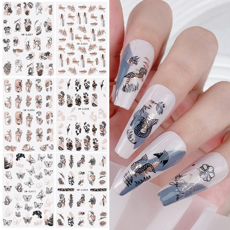 JMEOWIO Nagelsticker Różowe złoto Schwarze Blume 12 Blatt Nail Art Naklejka Selbstklebend Nagelaufkleber Frühlings Linie Abstraktes Blatt Dekoration Nageldesign Zubehör