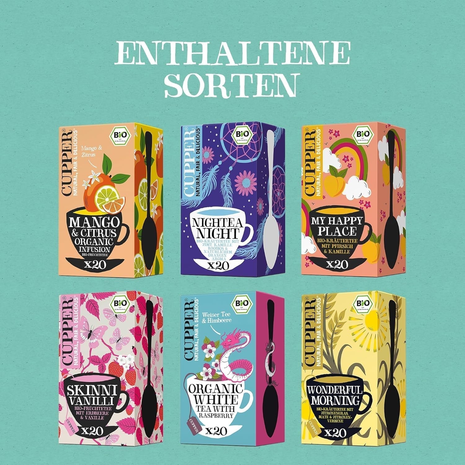 Zestaw upominkowy do herbaty organicznej Cupper, 6 asortymentów herbat ziołowych i owocowych na cały dzień, zestaw do herbaty, pudełko upominkowe, wybrana kolekcja herbat organicznych (1 pudełko, 78 torebek z herbatą)