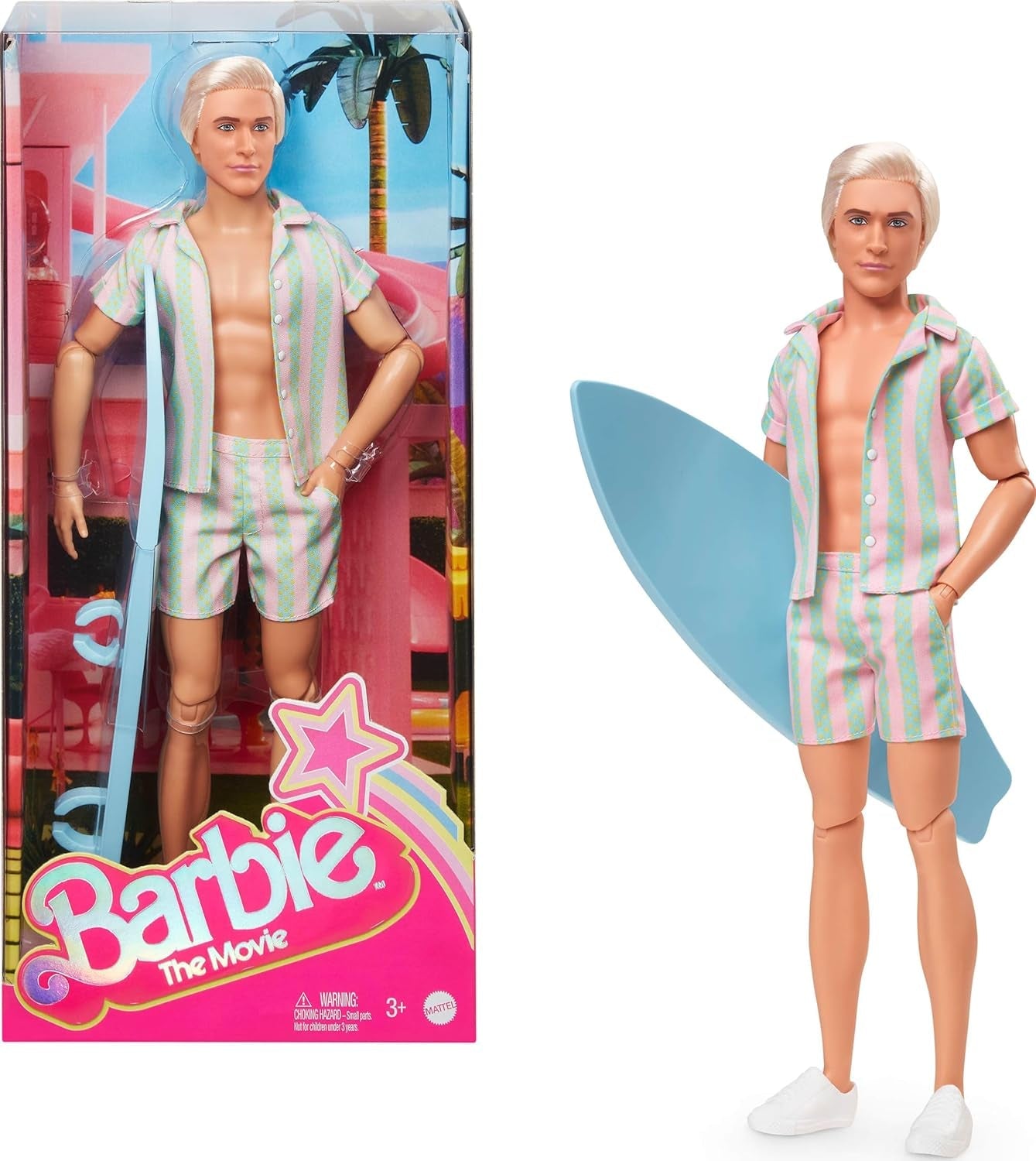 Barbie Movie Ken Barbie lalka Barbie w kostiumie plażowym w pastelowe różowe i zielone paski, desce surfingowej i białych tenisówkach, JBJ54