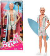 Barbie Movie Ken Barbie lalka Barbie w kostiumie plażowym w pastelowe różowe i zielone paski, desce surfingowej i białych tenisówkach, JBJ54