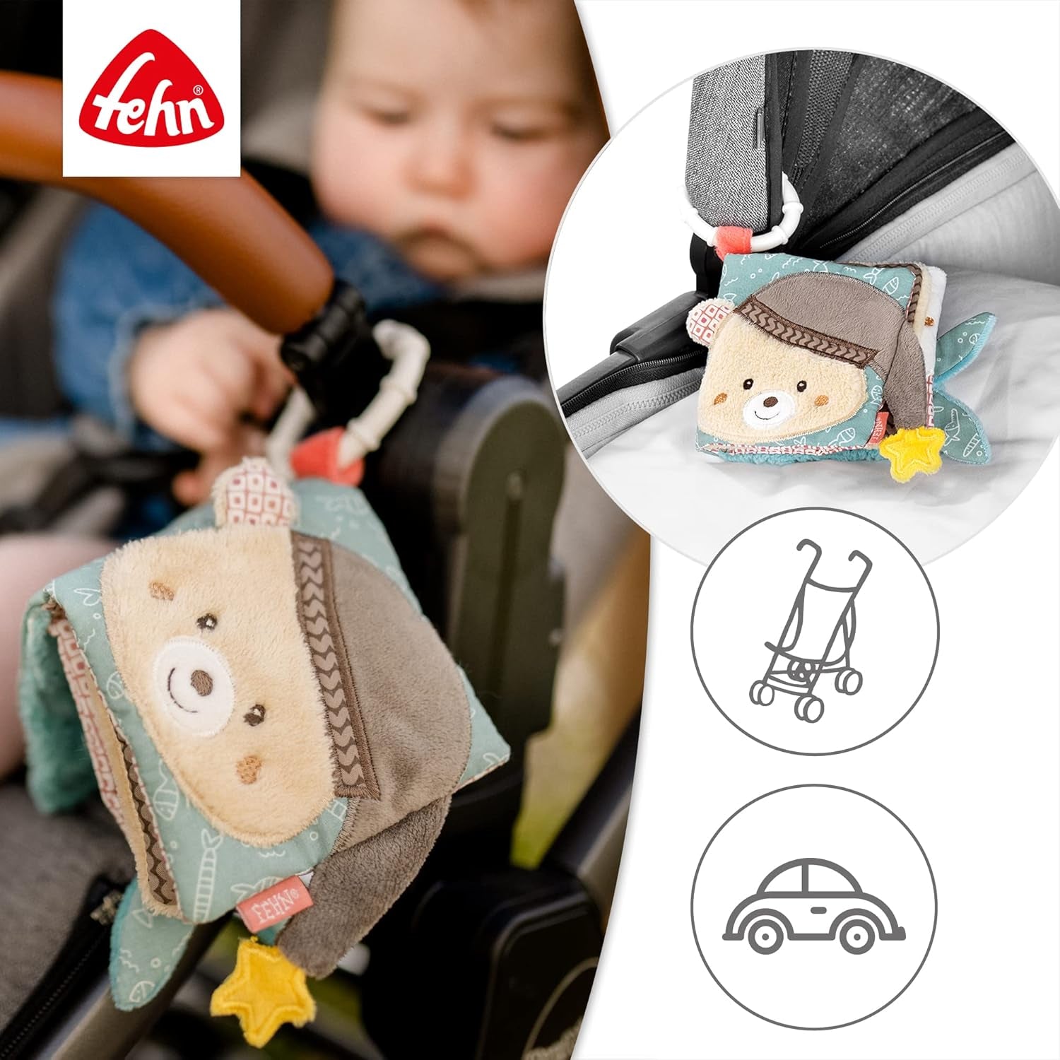Fehn Soft książka obrazkowa Bruno - miękka książeczka dla niemowląt wykonana z tkaniny z motywami zwierzęcymi - książeczka z zabawkami wykonana z tkaniny do zawieszenia do wózków dziecięcych i fotelików samochodowych - książeczka z petardami dla niemowląt i dzieci od 0+ miesiąca Baby Toys Naty Shop