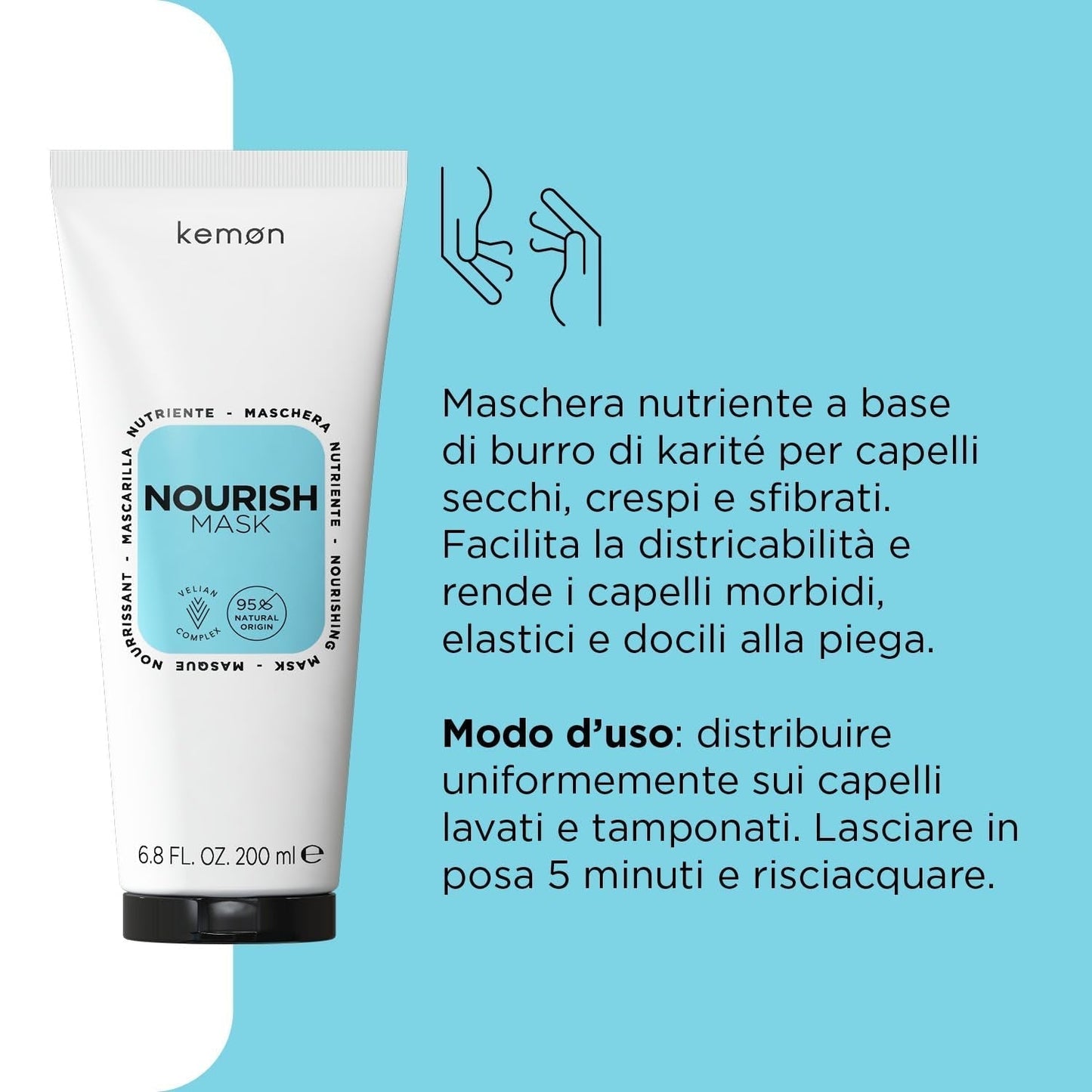 Kemon - Nourish Mask, odżywcza maska do włosów łamliwych, suchych i kręconych na bazie masła shea, ułatwiająca rozczesywanie, do włosów miękkich, 200 ml Naty Shop Hair Mask