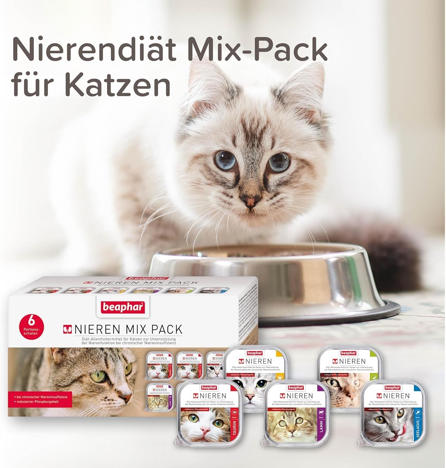 BEAPHAR – Renal Diet Mixed Package – Kompletna karma dla kotów z przewlekłą niewydolnością nerek – Wspomagająca pracę nerek – 6 x 100 g