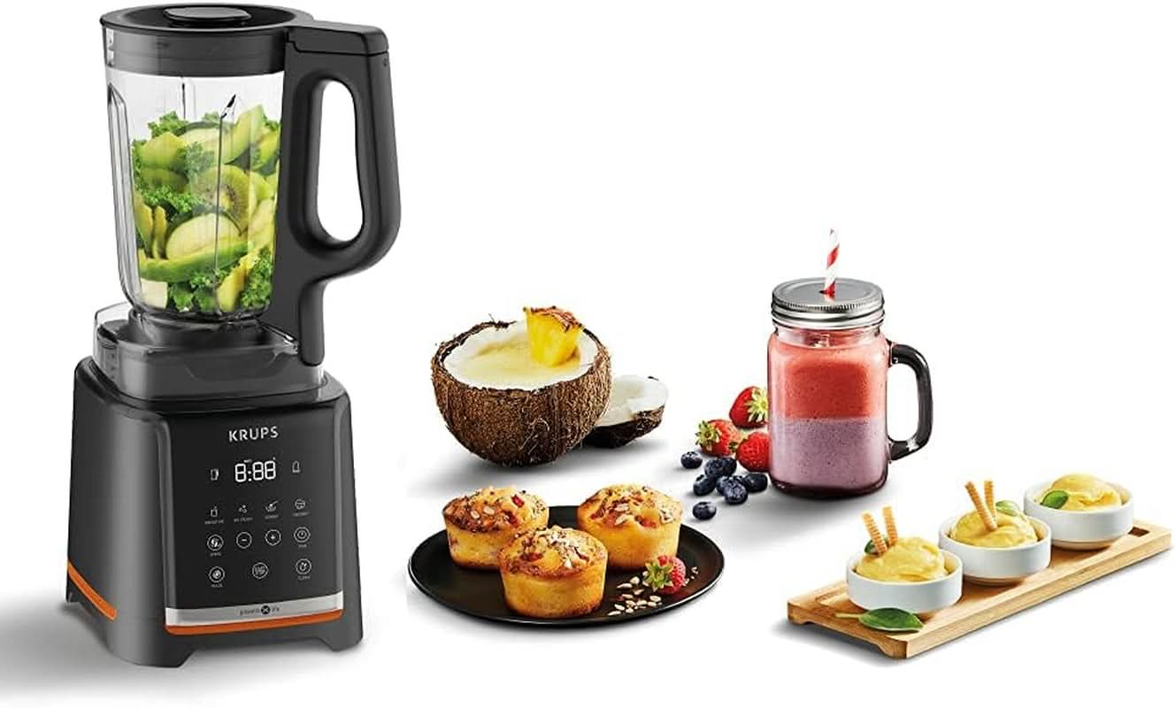 Krups Highspeed - Mikser stojący Infinymix KB9158 | 1600 W | 5 programów automatycznych + konfiguracja ręczna | Tritanbehälter | Zawiera Rezeptheft | Koktajle, Shakes, Kruszony Lód | Sklep Naty z kuchnią Schwarz