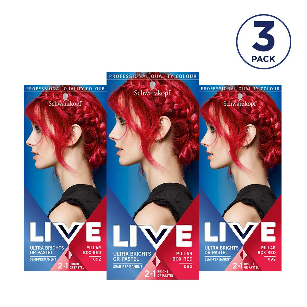 Live Ultra Bright lub Pastel Red Hair Farba 3 sztuki Półtrwały kolor utrzymuje się do 15 myć - 092 Pillar Box Red Naty Shop Farba do włosów