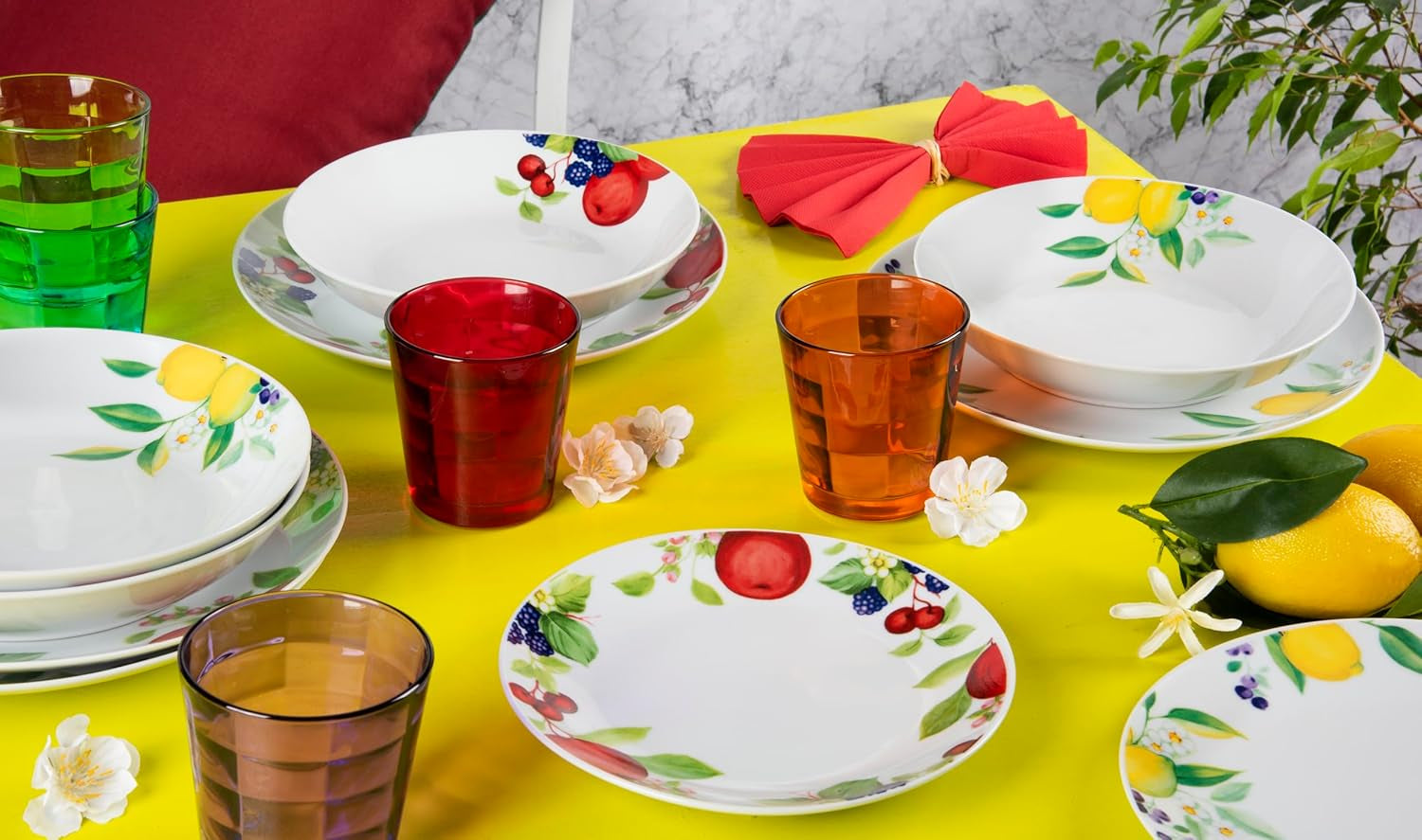 Excelsa Zestaw zastawy stołowej Lemon, 18 elementów, porcelana, biały/cytrynowy