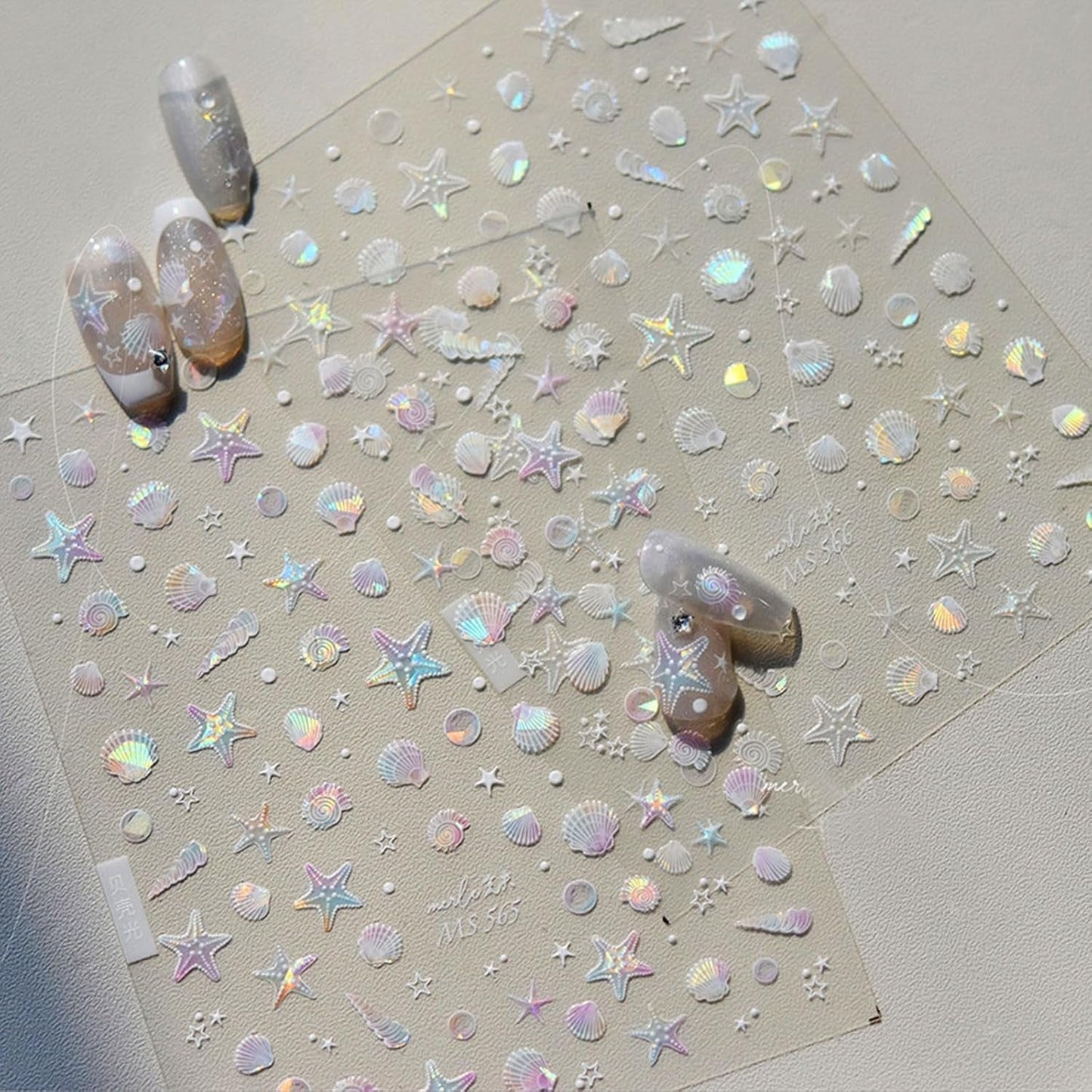 JMEOWIO 3D Nagelsticker Aurora Muschel Seestern Nail Art Naklejka Selbstklebend Nagelaufkleber 5D Stereoskopisch Ozean Thema Dekoration Nageldesign Zubehör 1 Blatt
